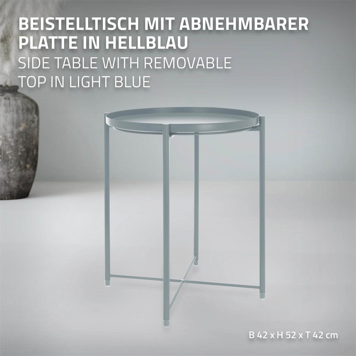 Runder Beistelltisch mit abnehmbarer Platte in hellblau.