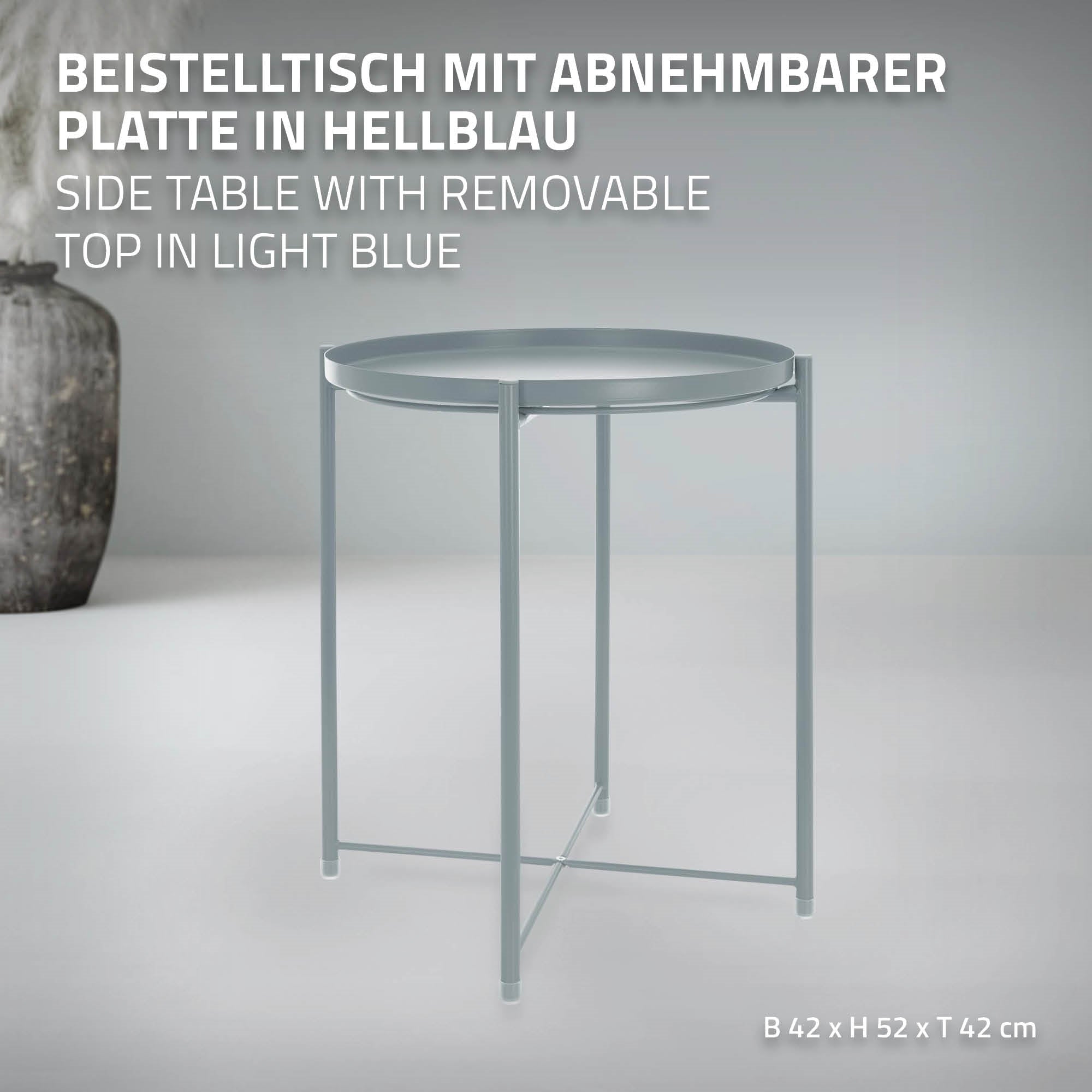 Runder Beistelltisch mit abnehmbarer Platte in hellblau.
