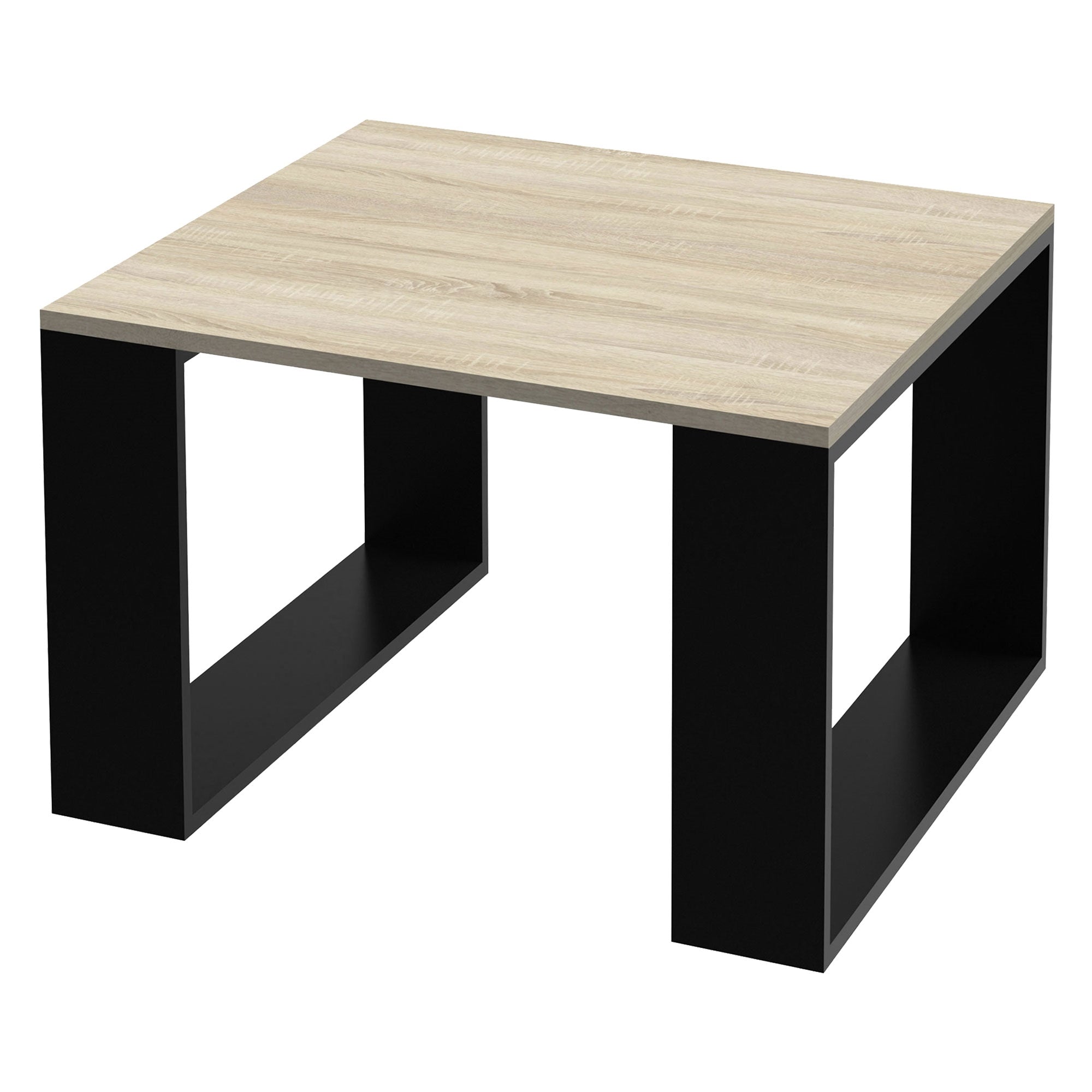 Ein quadratischer Tisch mit heller Holzplatte und schwarzen Beinen.
