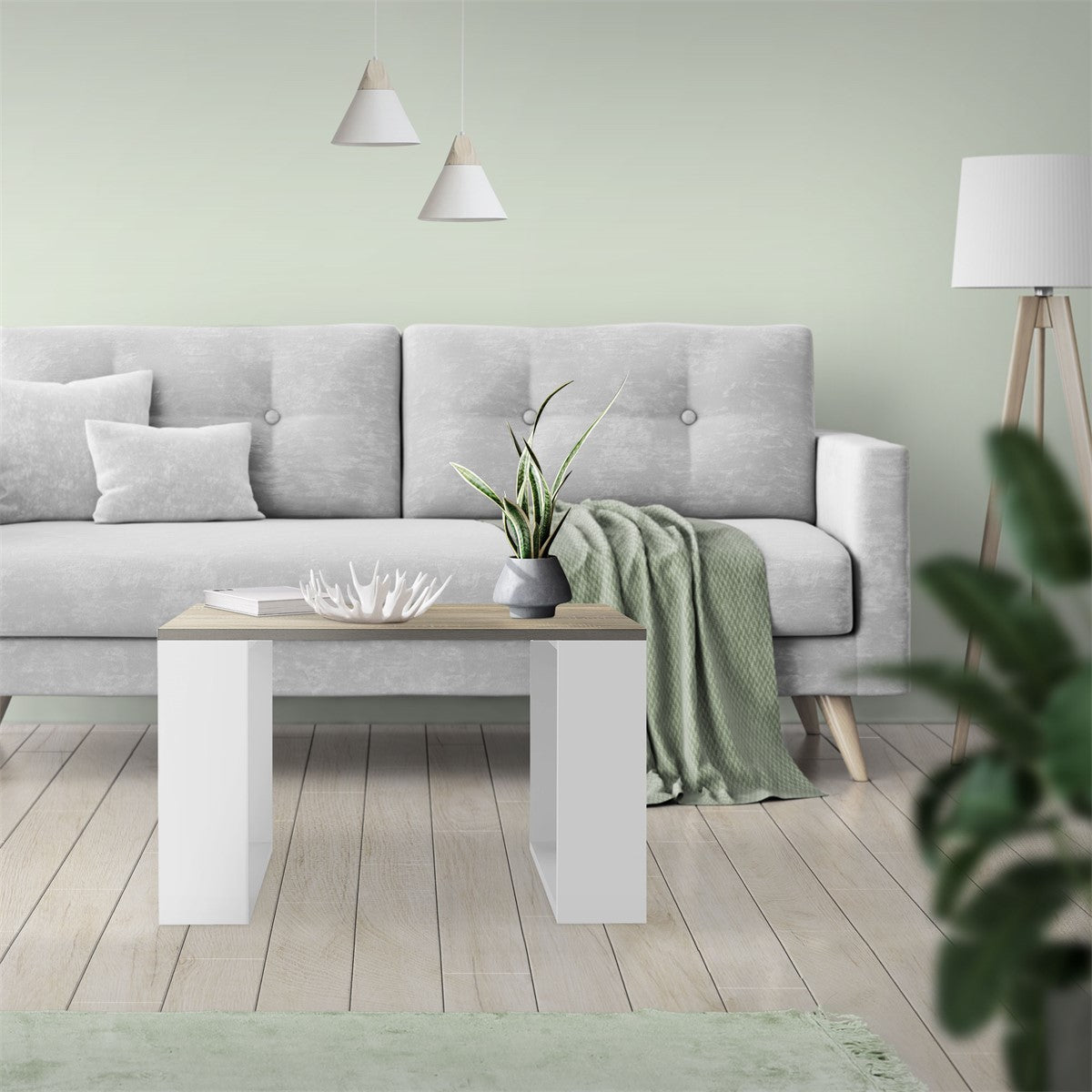 Ein Wohnzimmer mit grauem Sofa, Tisch und Pflanzen auf einem hellen Boden.