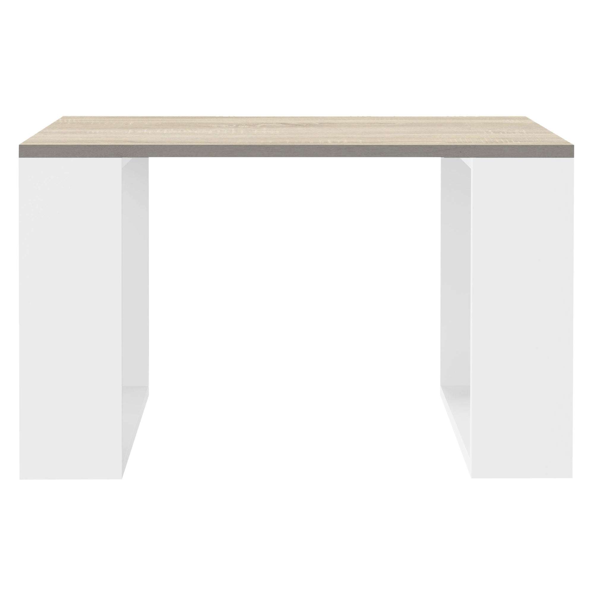 Ein weißer Tisch mit Holzplatte, rechteckig und mit zwei offenen Seiten.