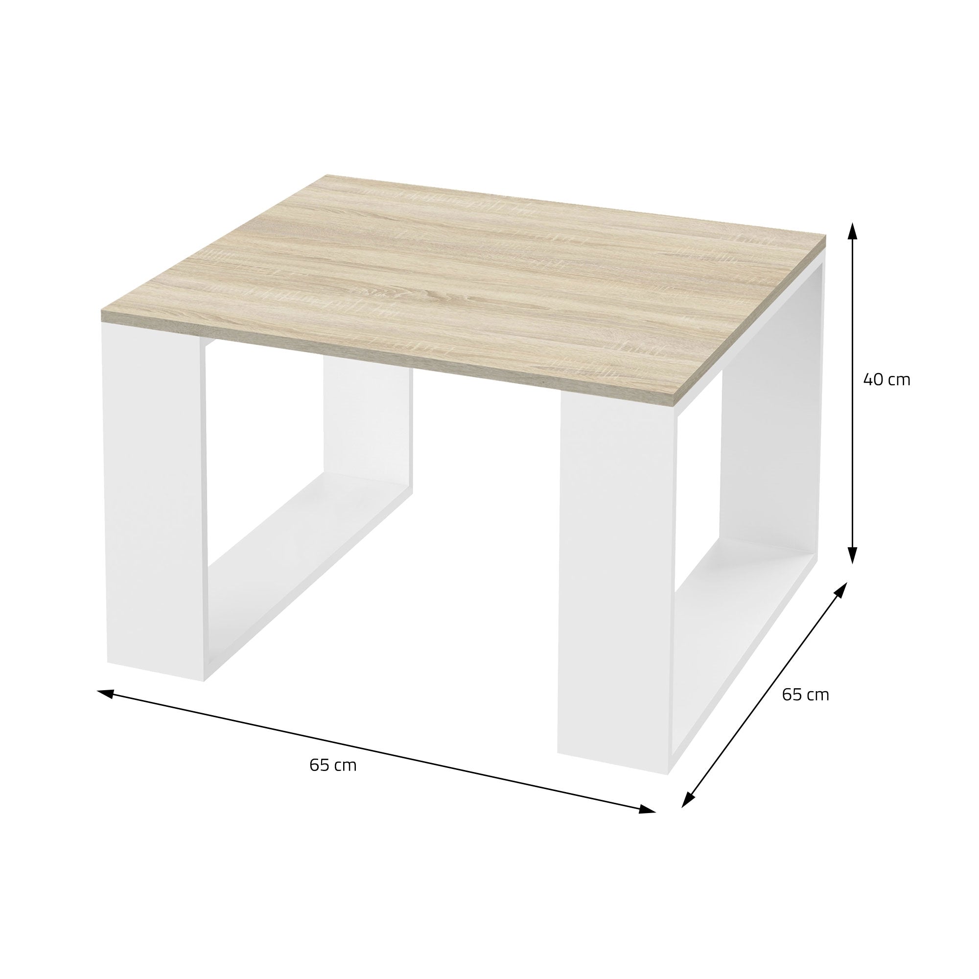 Quadratischer Tisch mit Holzoberfläche und weißen Seiten, Maße sind eingezeichnet.