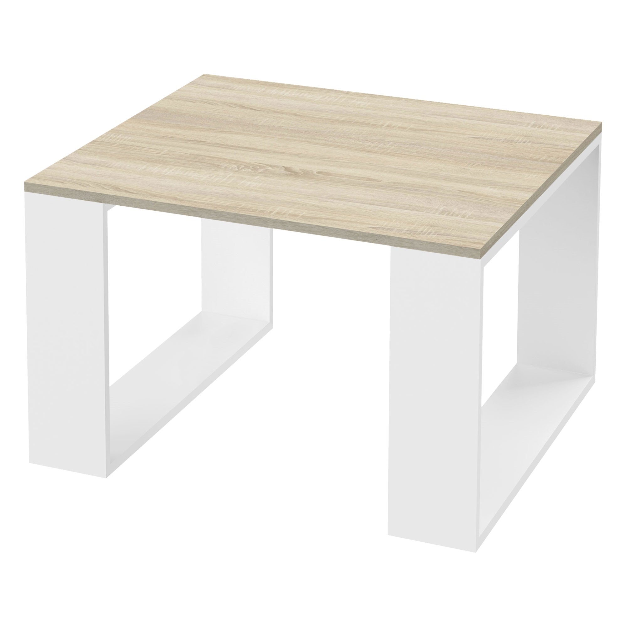 Quadratischer Tisch mit Holzoberfläche und weißen, offenen Tischbeinen.