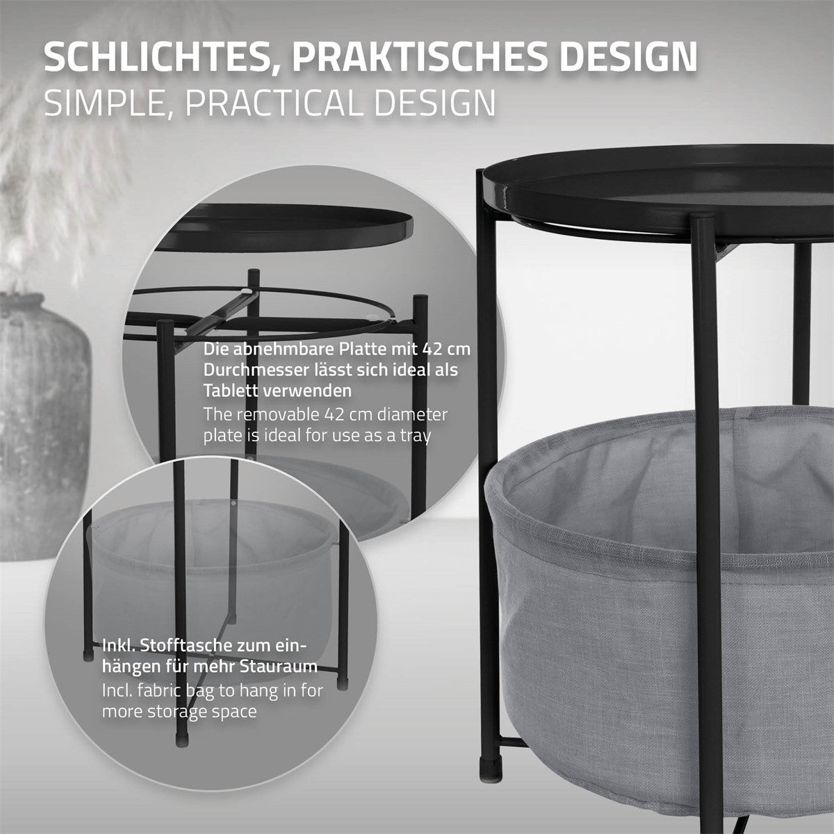 Grafik mit Informationen zu einem Beistelltisch und seinen Funktionen.
