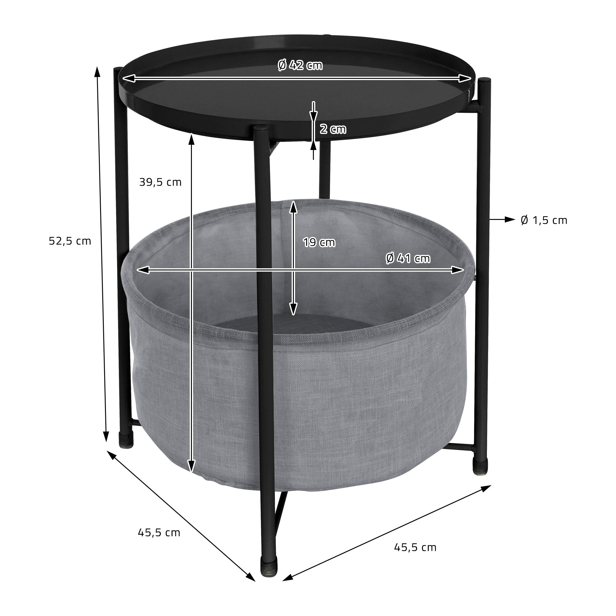 Measurement drawing of a table with diameter and height in centimeters.