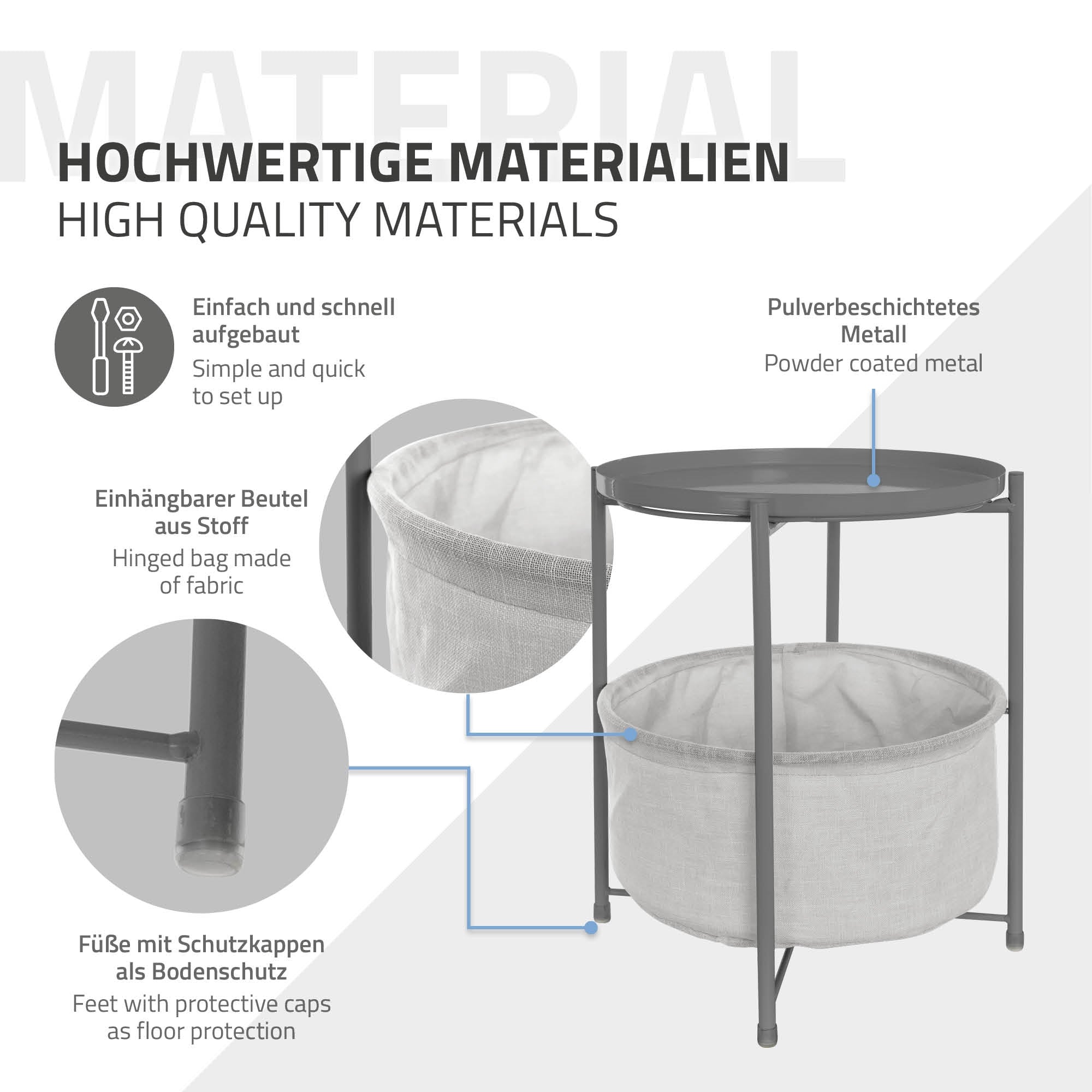 Grafik mit Informationen zu einem Tisch aus pulverbeschichtetem Metall.