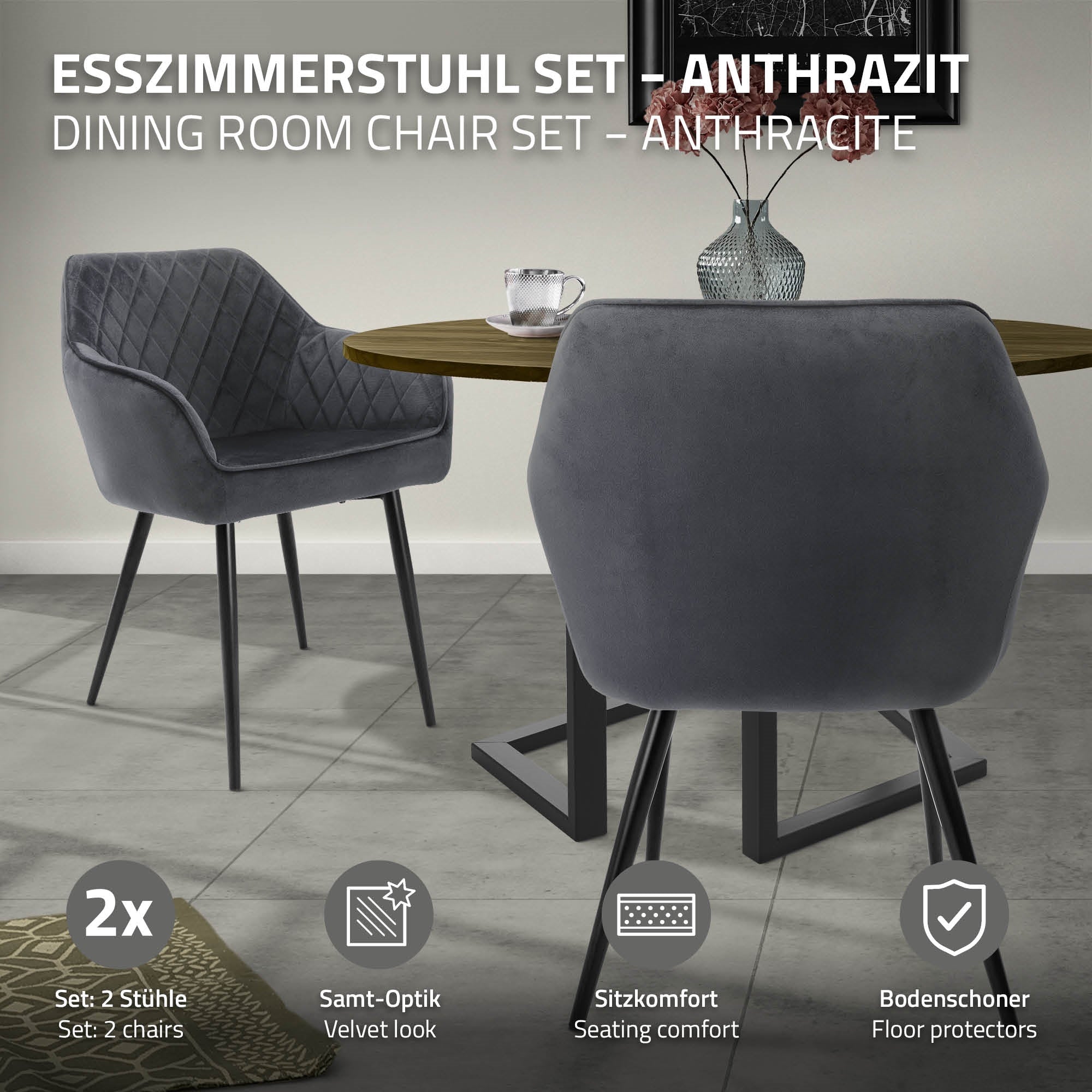 Anthrazitfarbenes Esszimmerstuhl-Set mit zwei Stühlen.