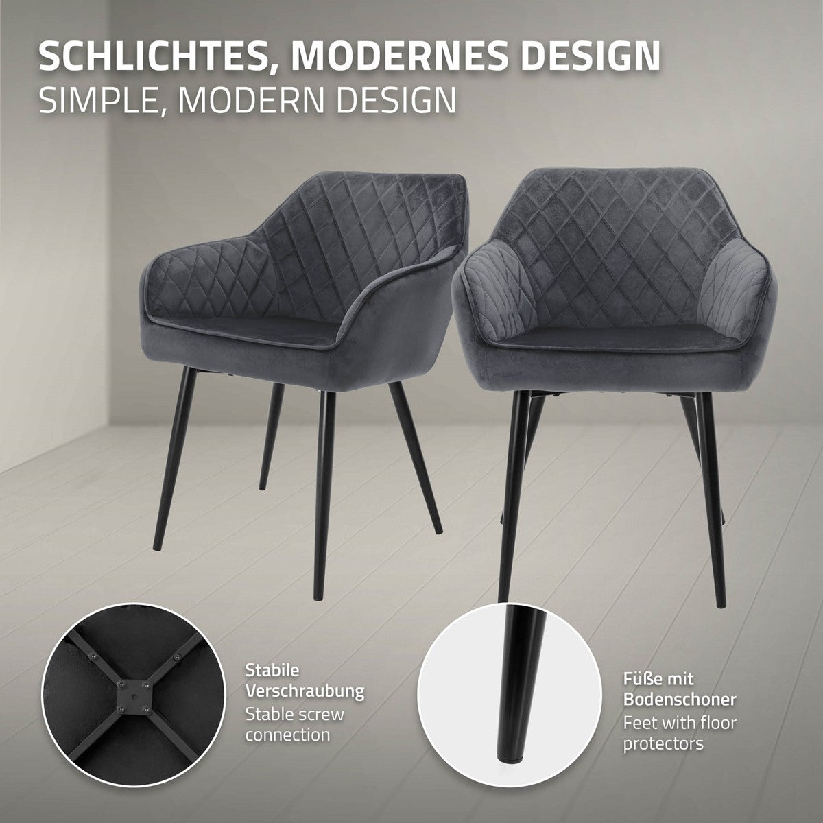 Zwei graue Stühle mit modernem Design auf einem hellen Boden.