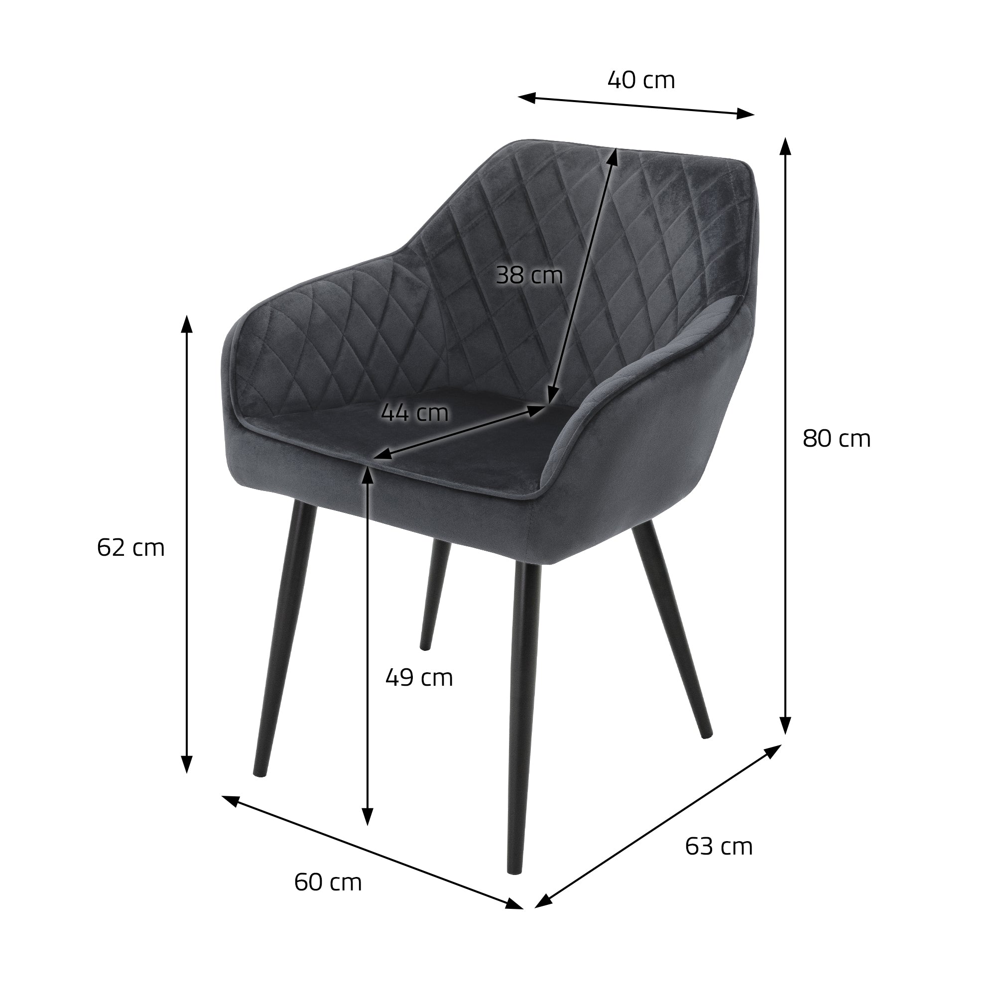 Måltegning af en grå stol med forskellige dimensioner.