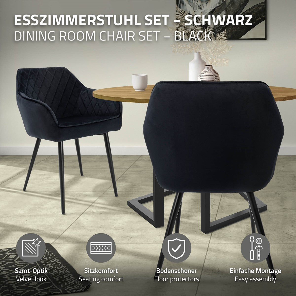 Schwarzes Esszimmerstuhl-Set mit Tisch und Hinweisen zur einfachen Montage.