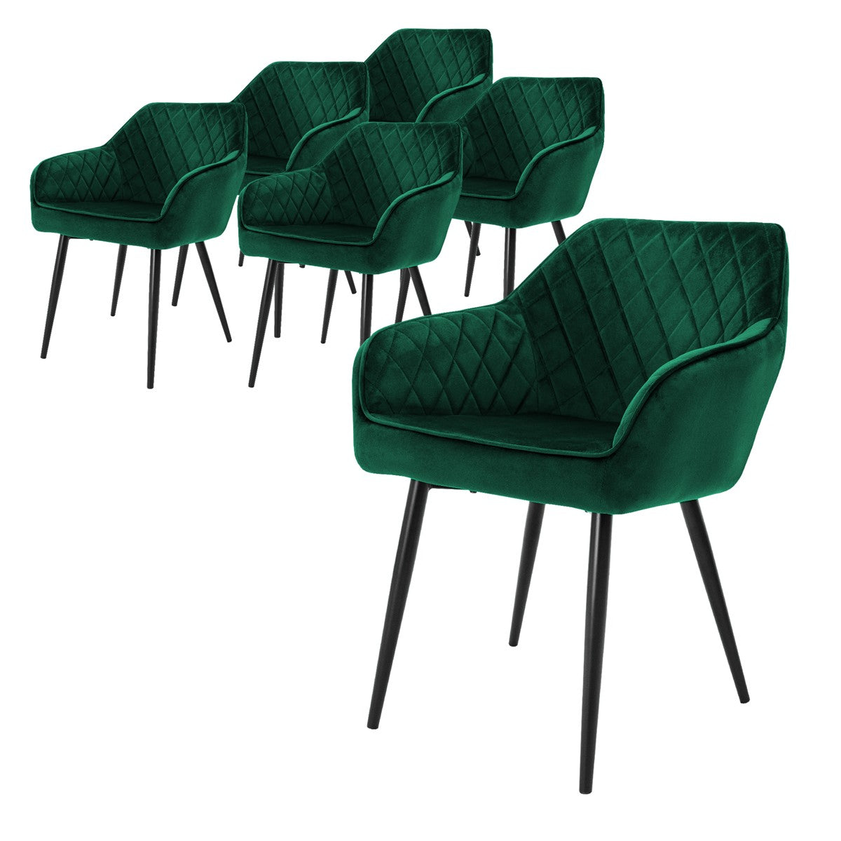 Six green chairs with a quilted design and black legs.