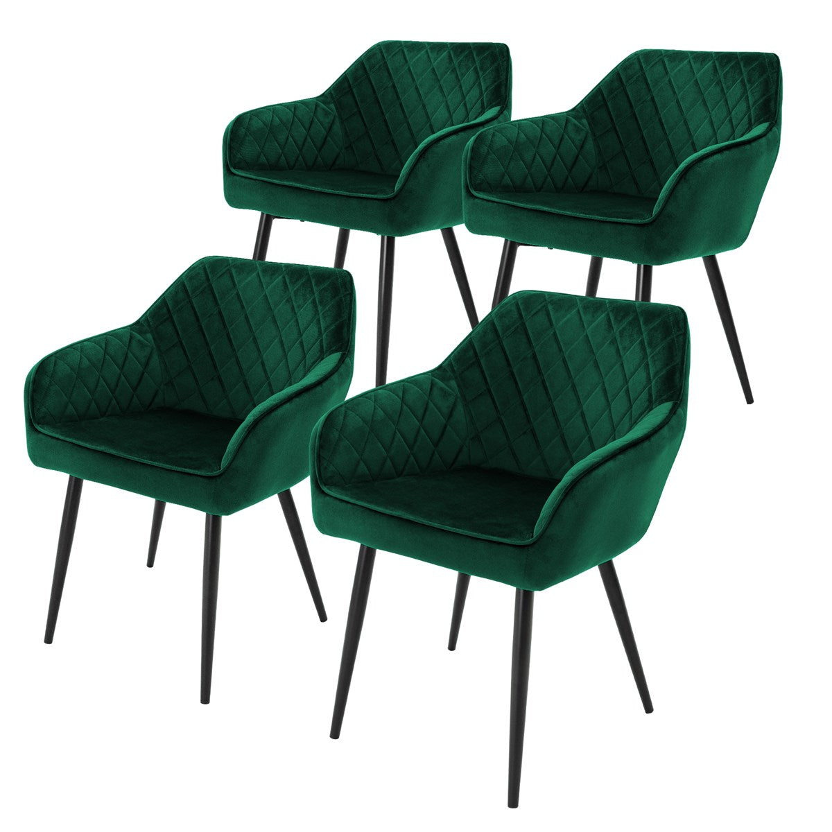 Four green armchairs with upholstered armrests and black legs.