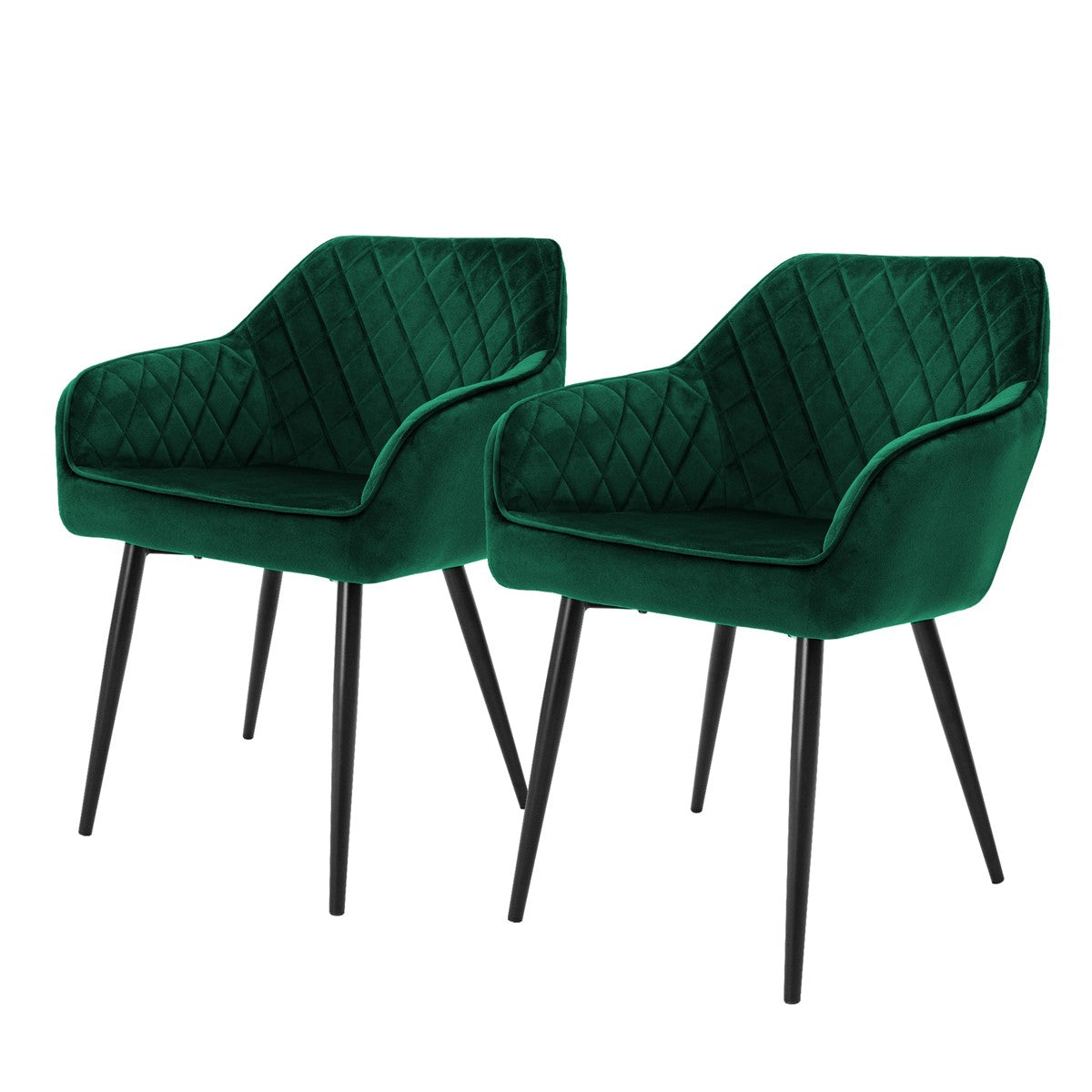 Two green chairs with upholstered seats and black legs.