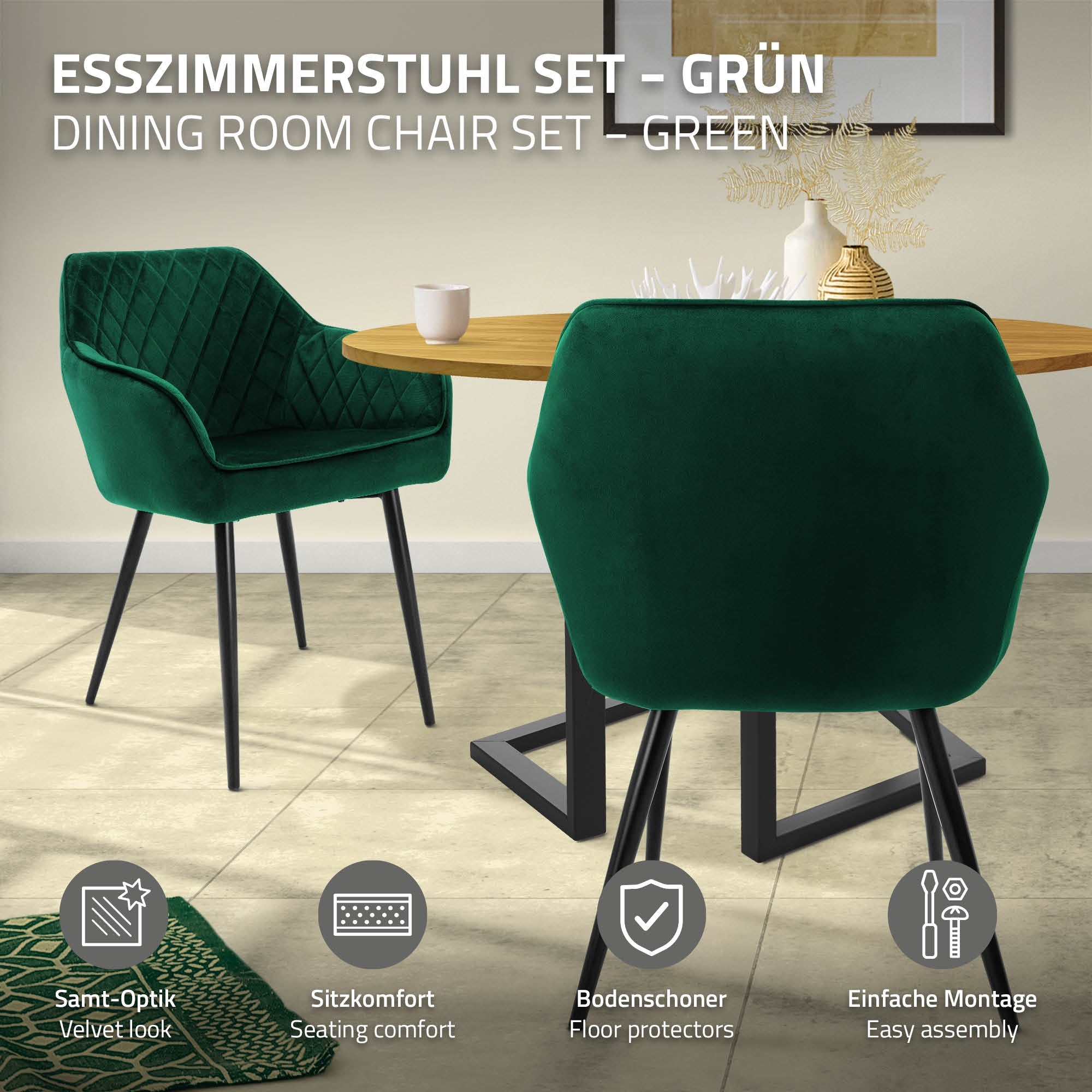 Esszimmerstuhl-Set in Grün, mit Tisch und Bodenbeschützern.