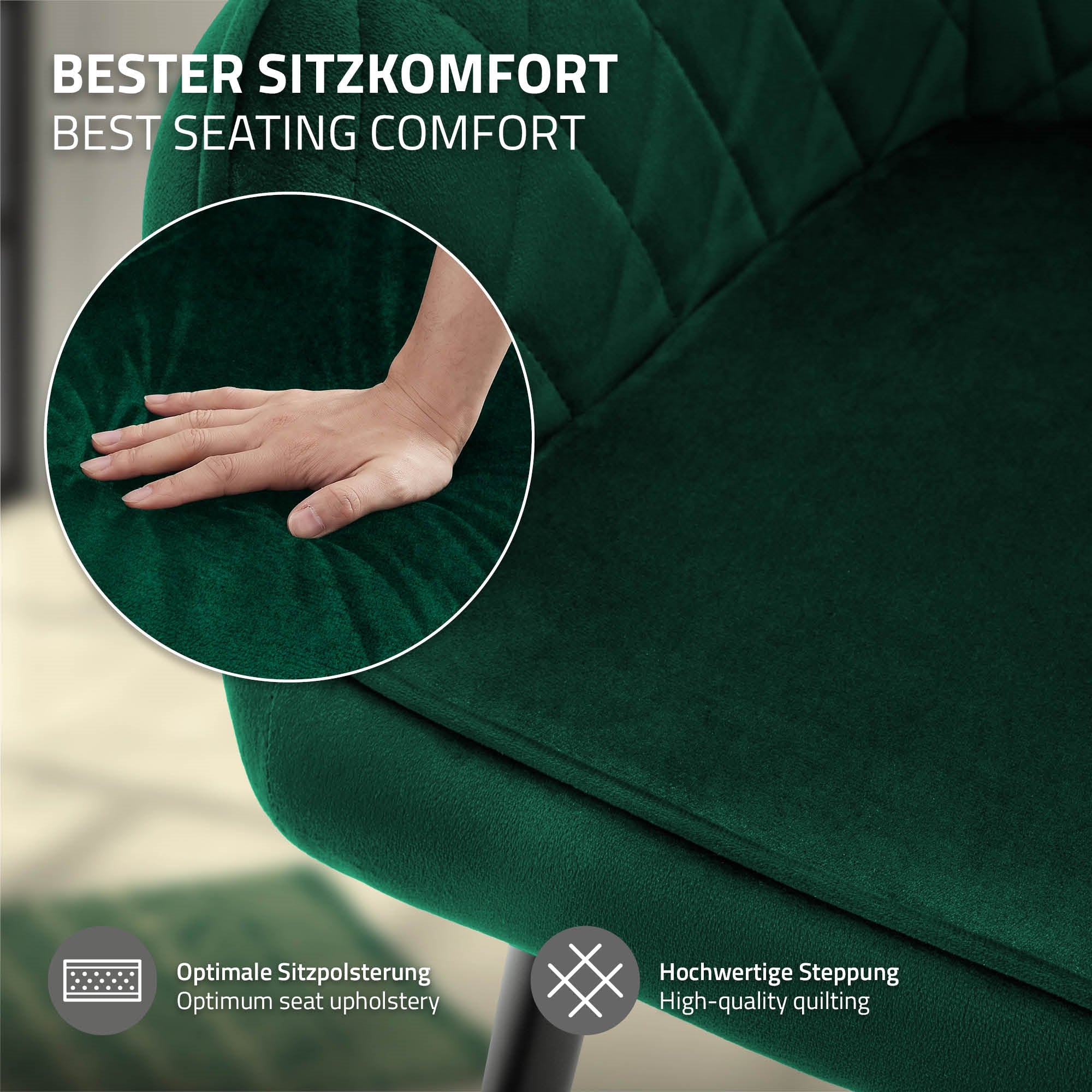 Nahaufnahme einer Hand auf einem grünen Sessel mit Polsterdetails.