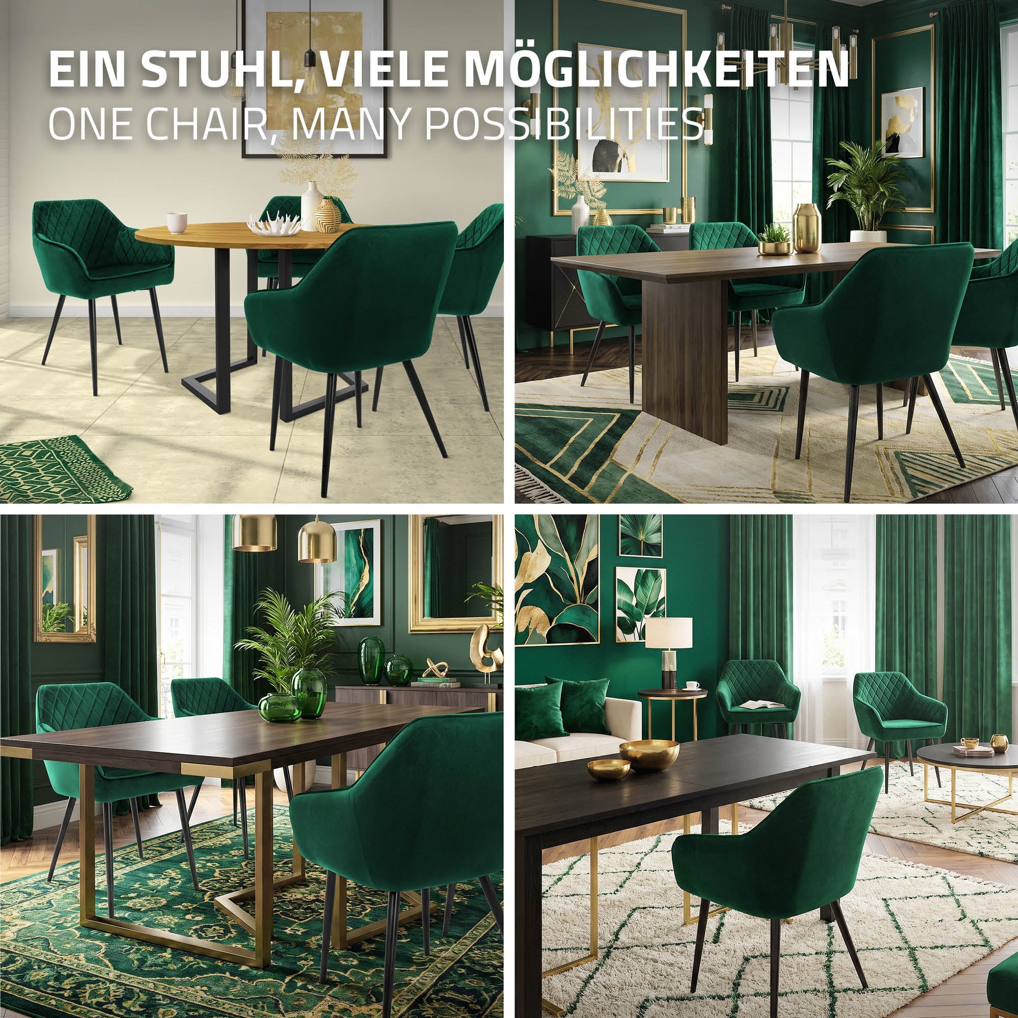 Collage von grünen Stühlen in verschiedenen Esszimmern.