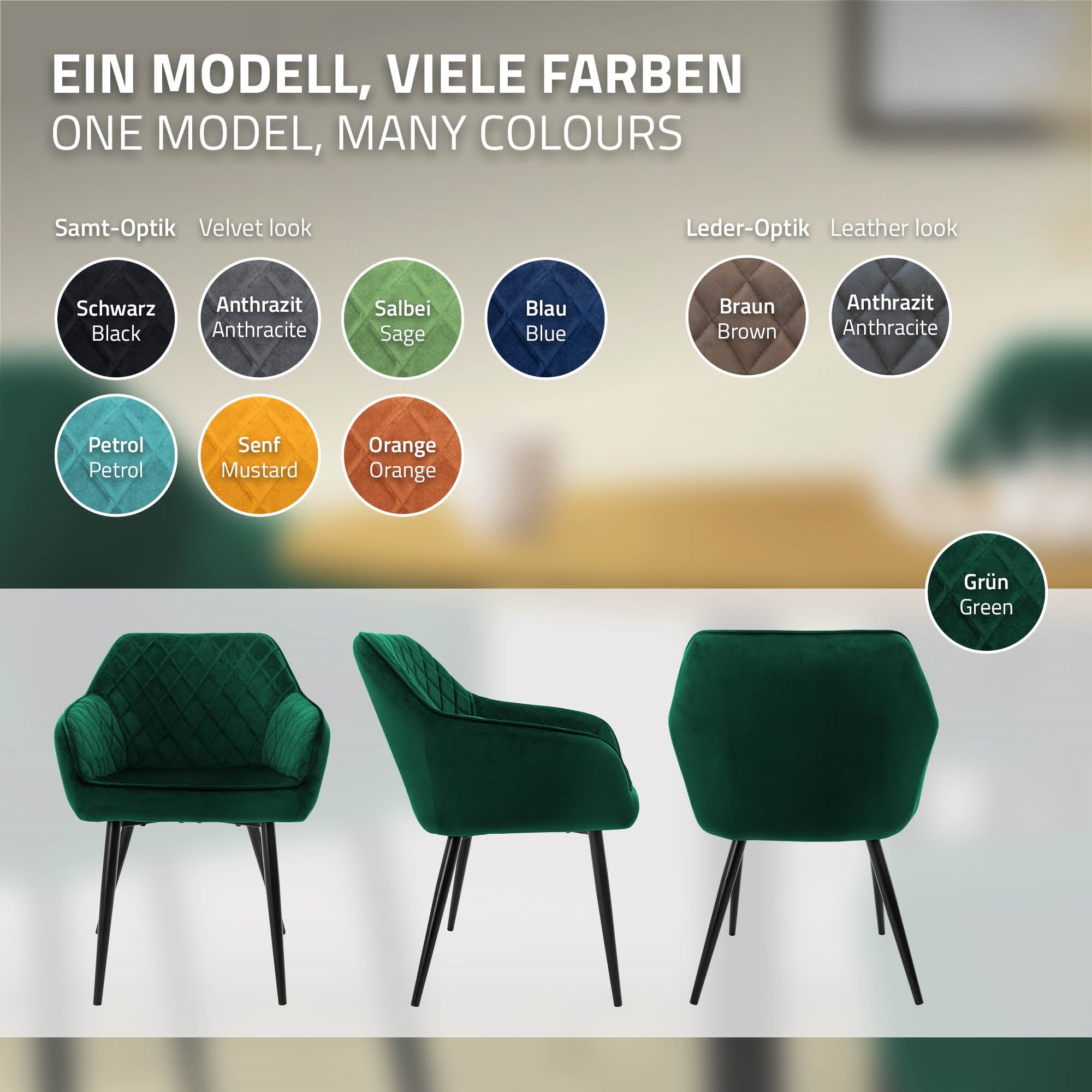 Ein grüner Stuhl in verschiedenen Farben und Designs.