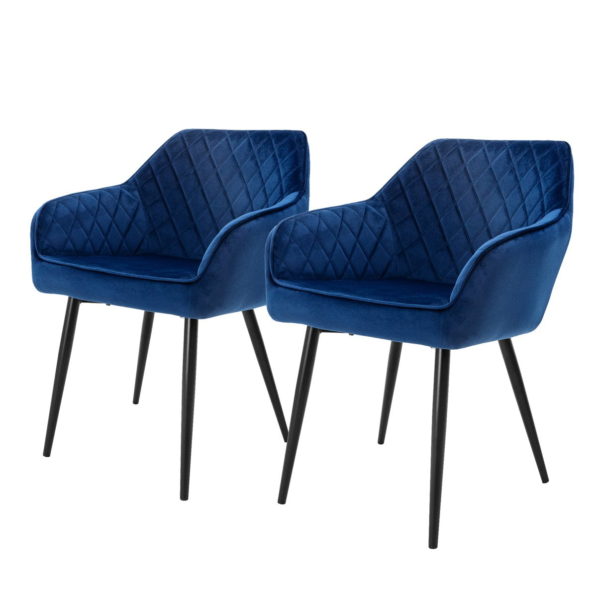 Twee blauwe stoelen met gestoffeerde zittingen en zwarte poten.