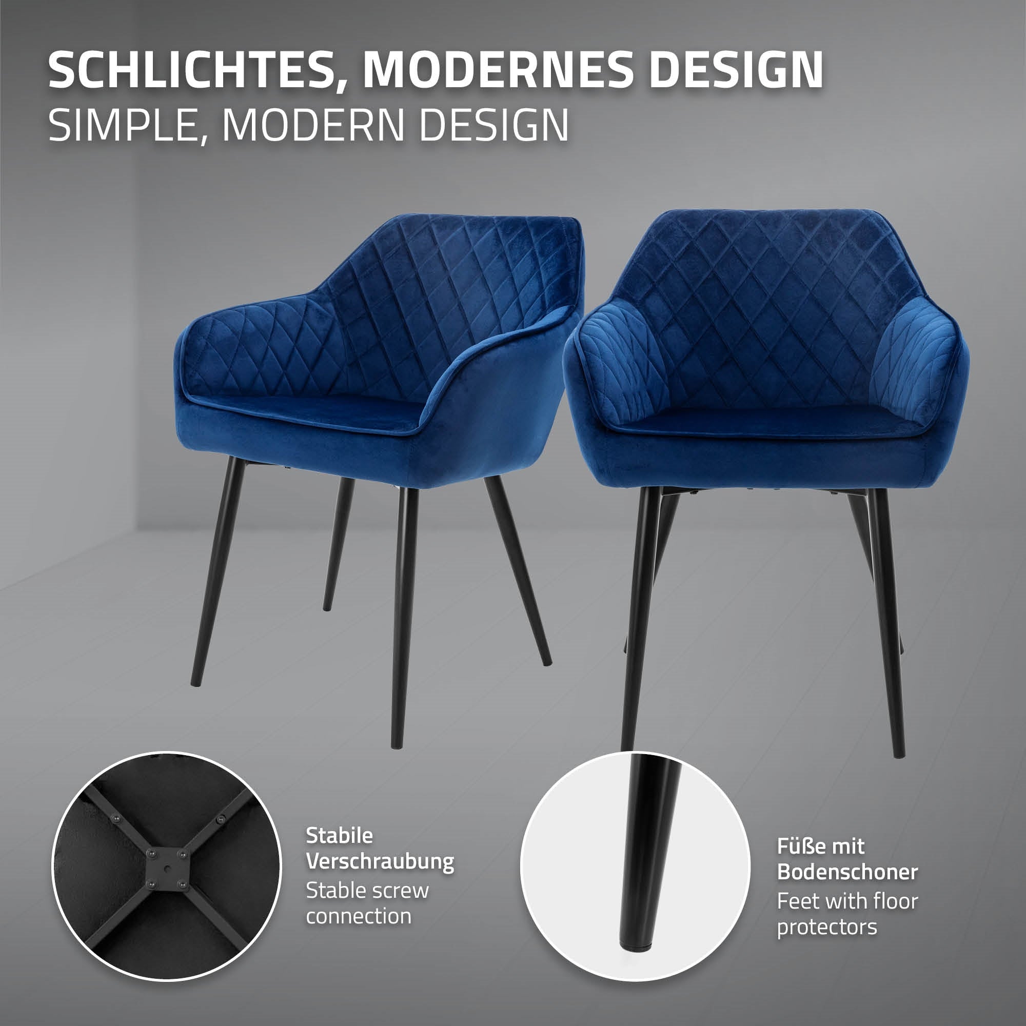 Zwei blaue Stühle mit modernem Design und stabilen Beinen.