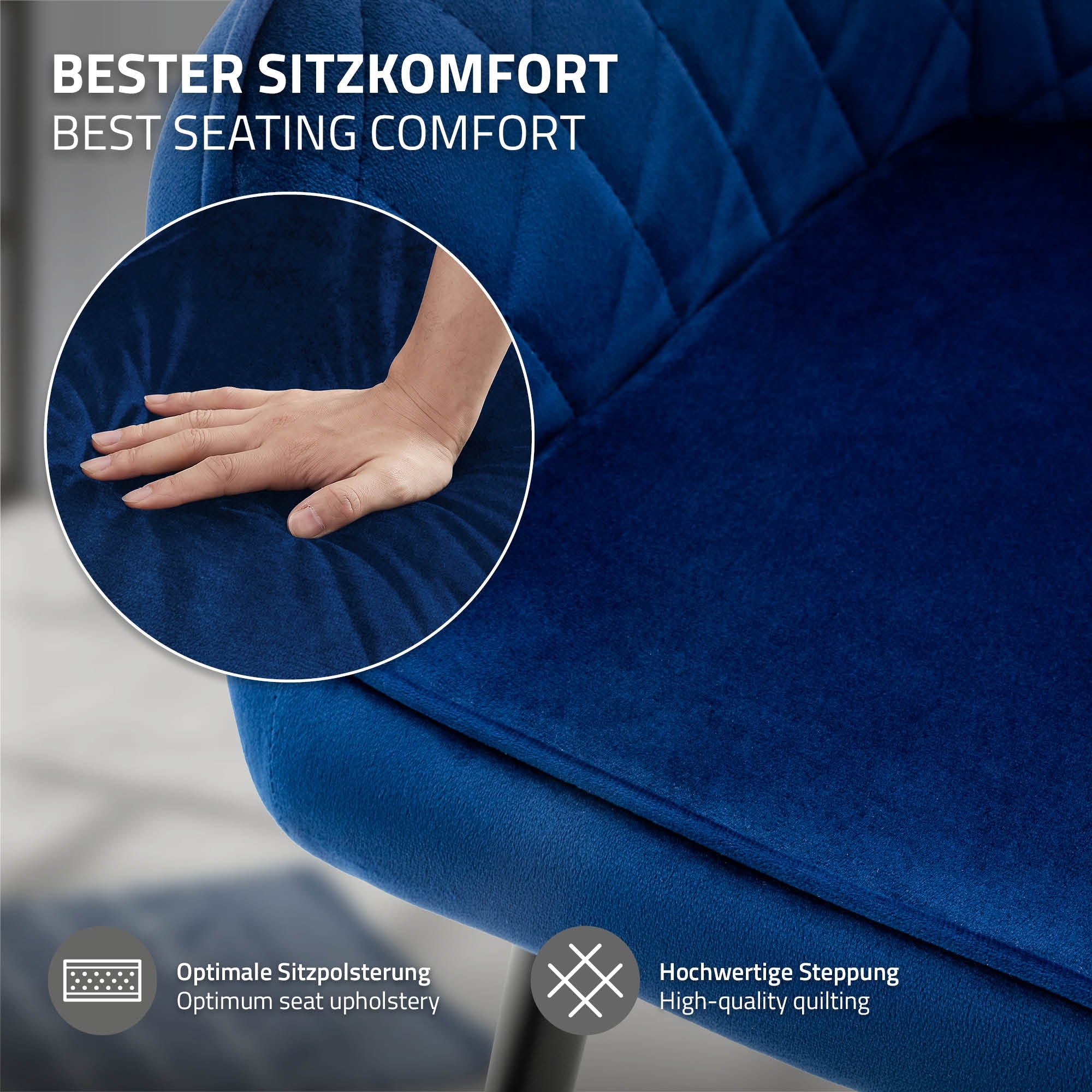 Nahaufnahme einer Hand, die auf einen blauen Stuhl drückt.