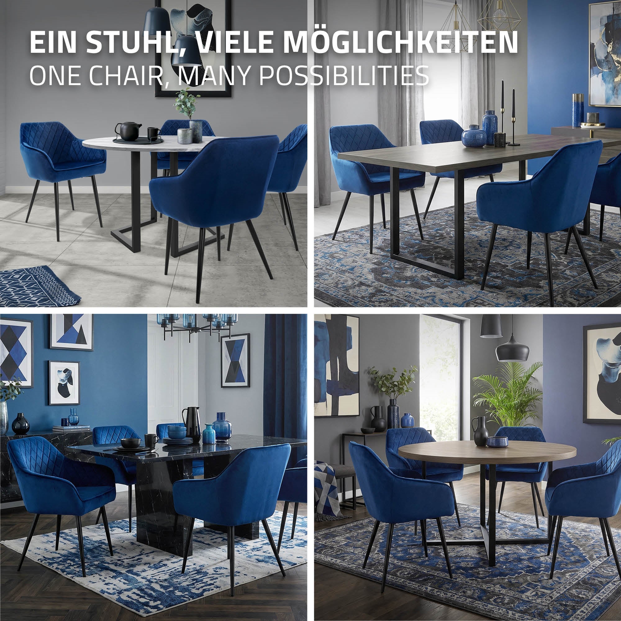 Vier blaue Stühle um einen Tisch in einem stilvollen Essbereich.