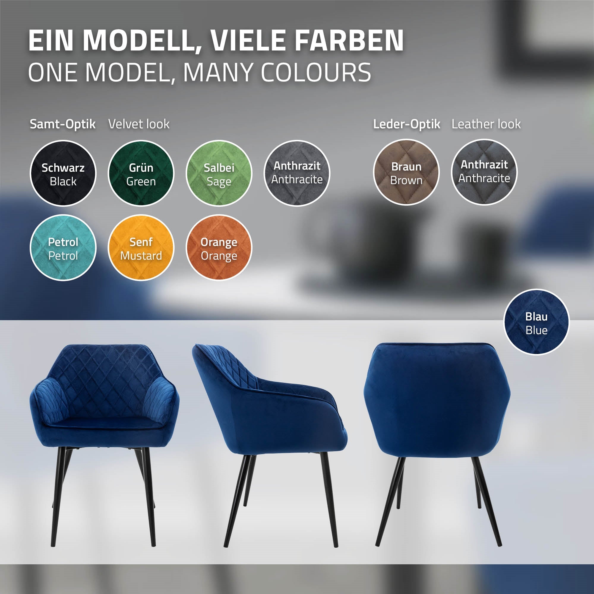 Stuhl in verschiedenen Farben, darunter Schwarz, Grün und Blau.