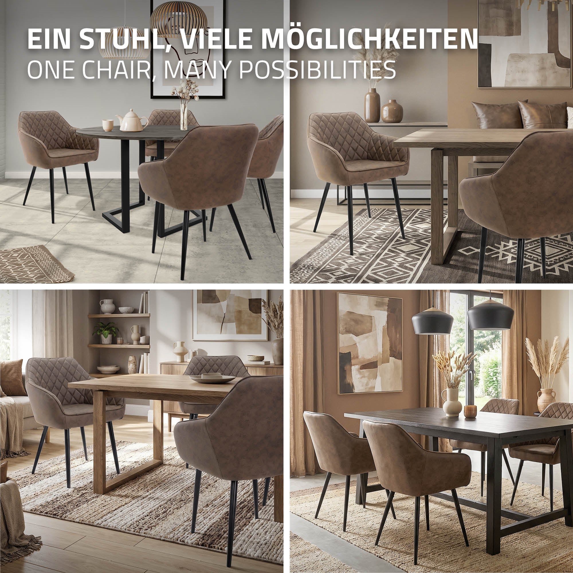 Fire billeder af stole ved forskellige borde i et rum.