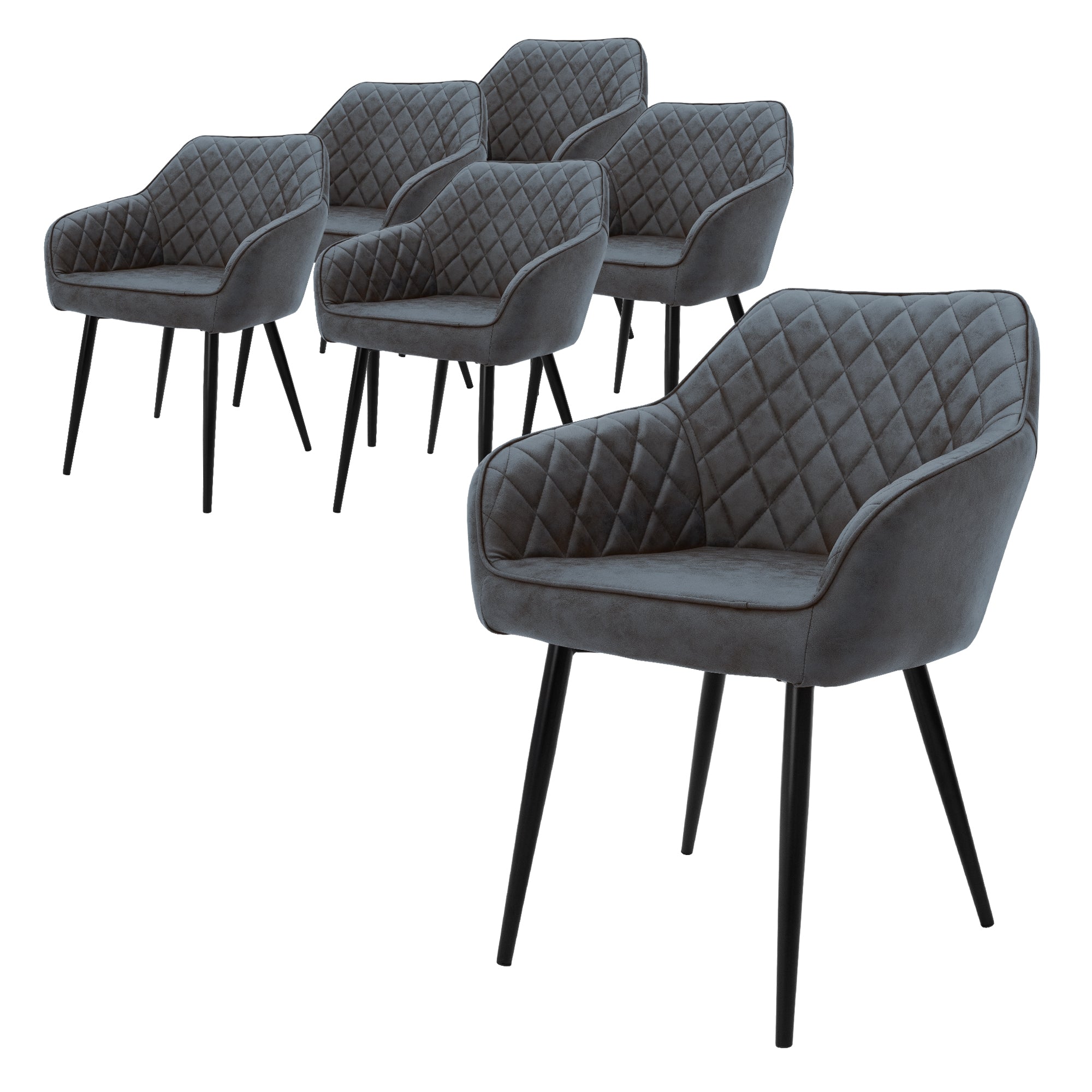 Six chaises rembourrées avec structure noire et motif en losange sur l'assise.