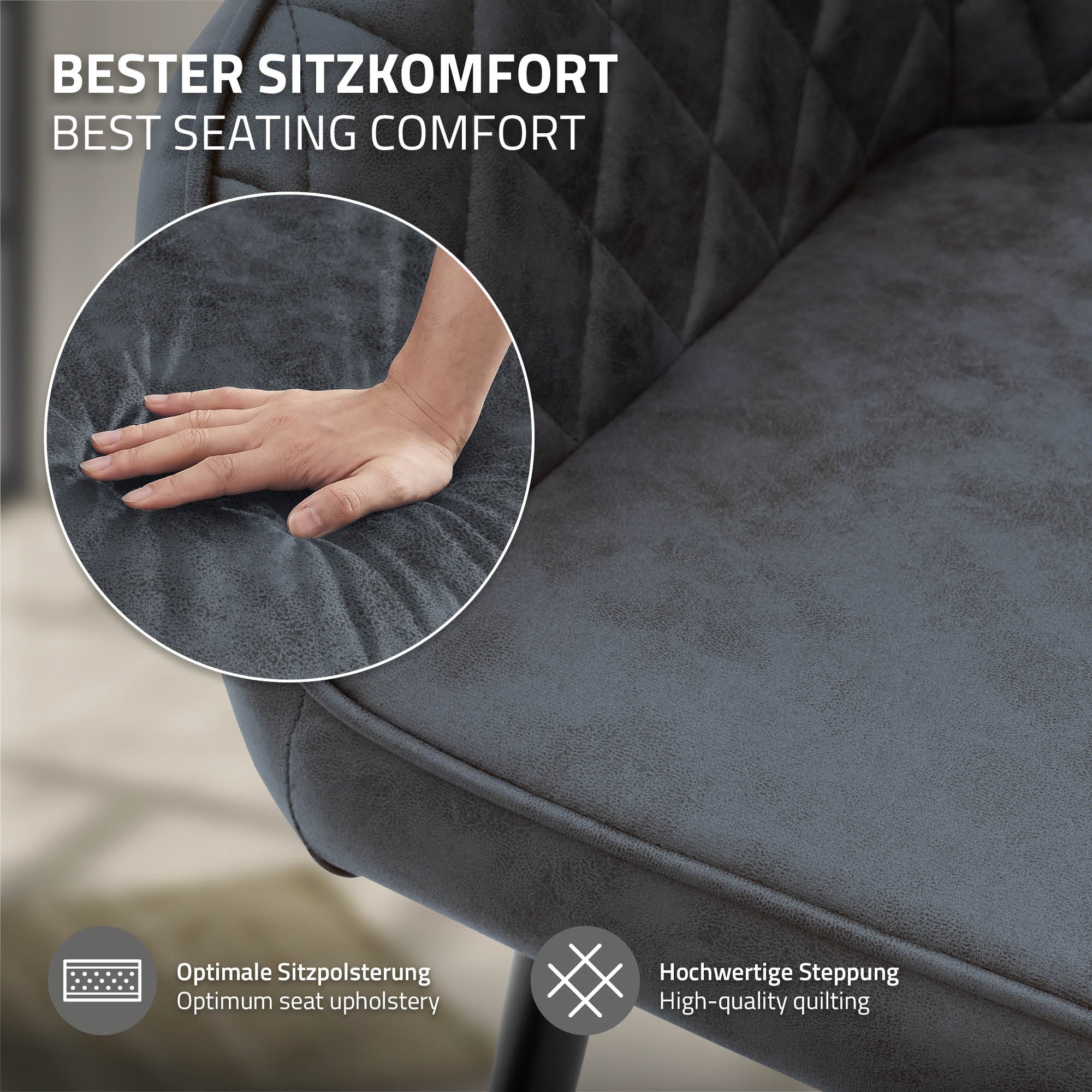 Nahaufnahme eines gepolsterten Stuhls mit einer Hand, die die Polsterung berührt.