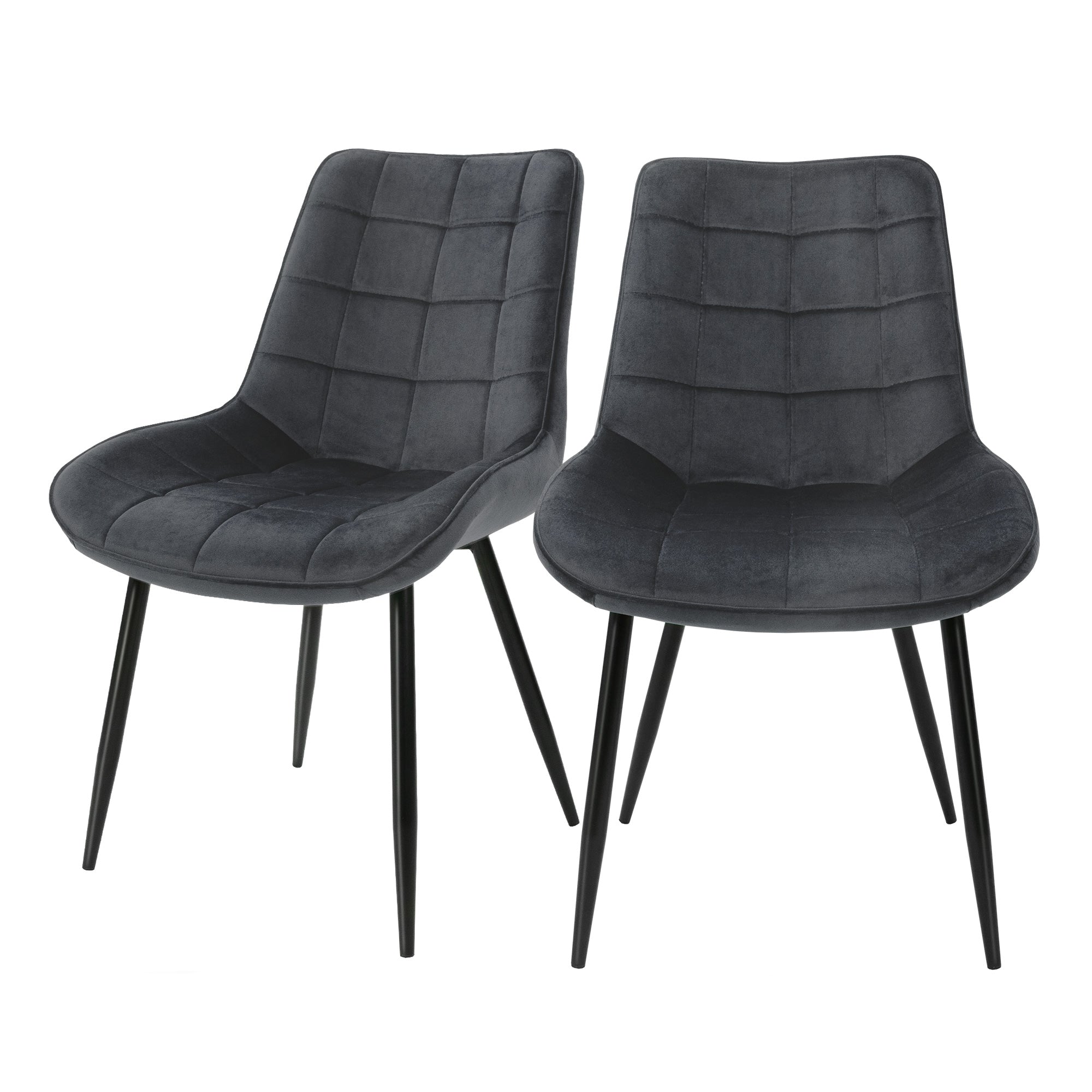 Zwei schwarze Stühle mit gepolstertem Sitz und Rückenlehne.