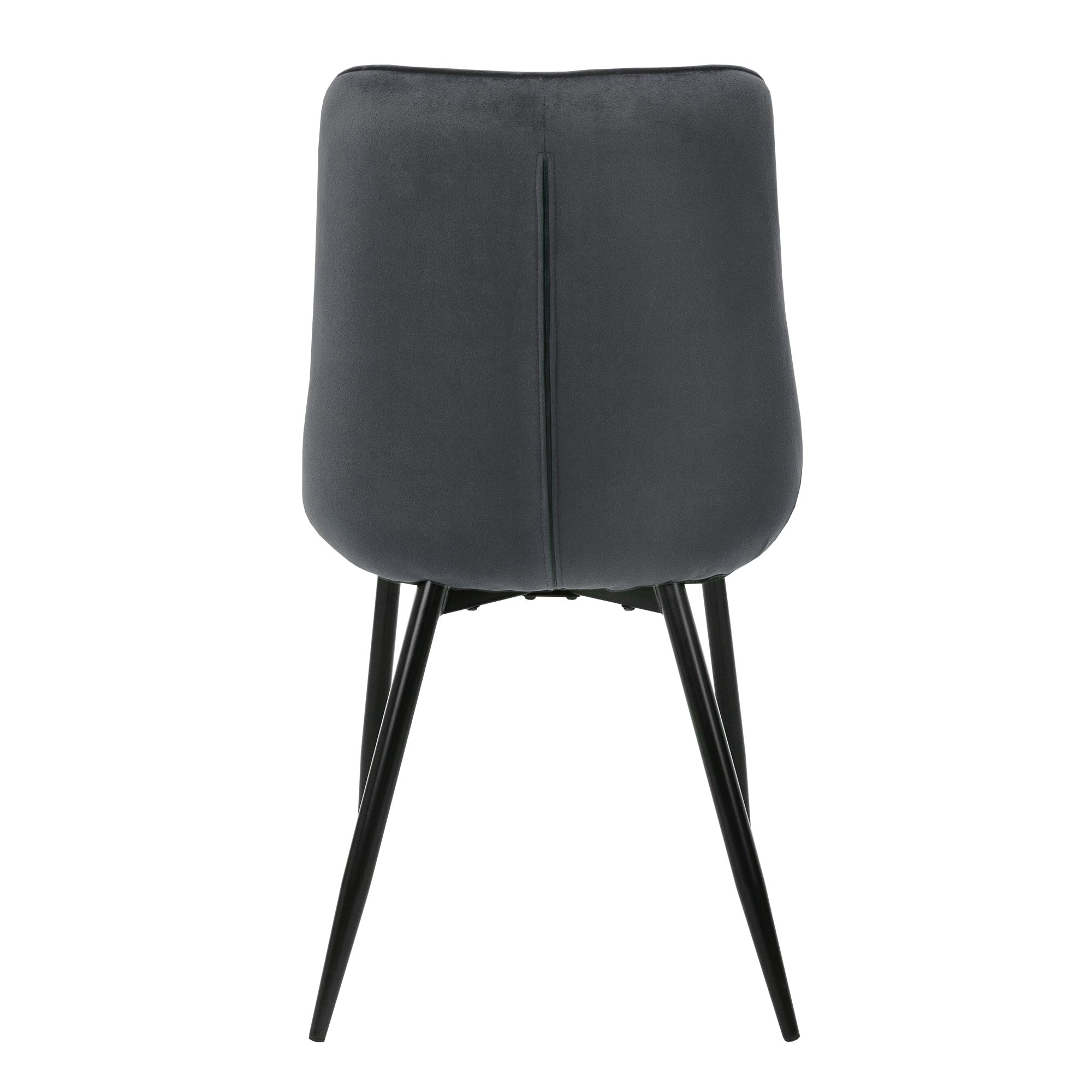 Rear view of a gray chair with narrow legs.