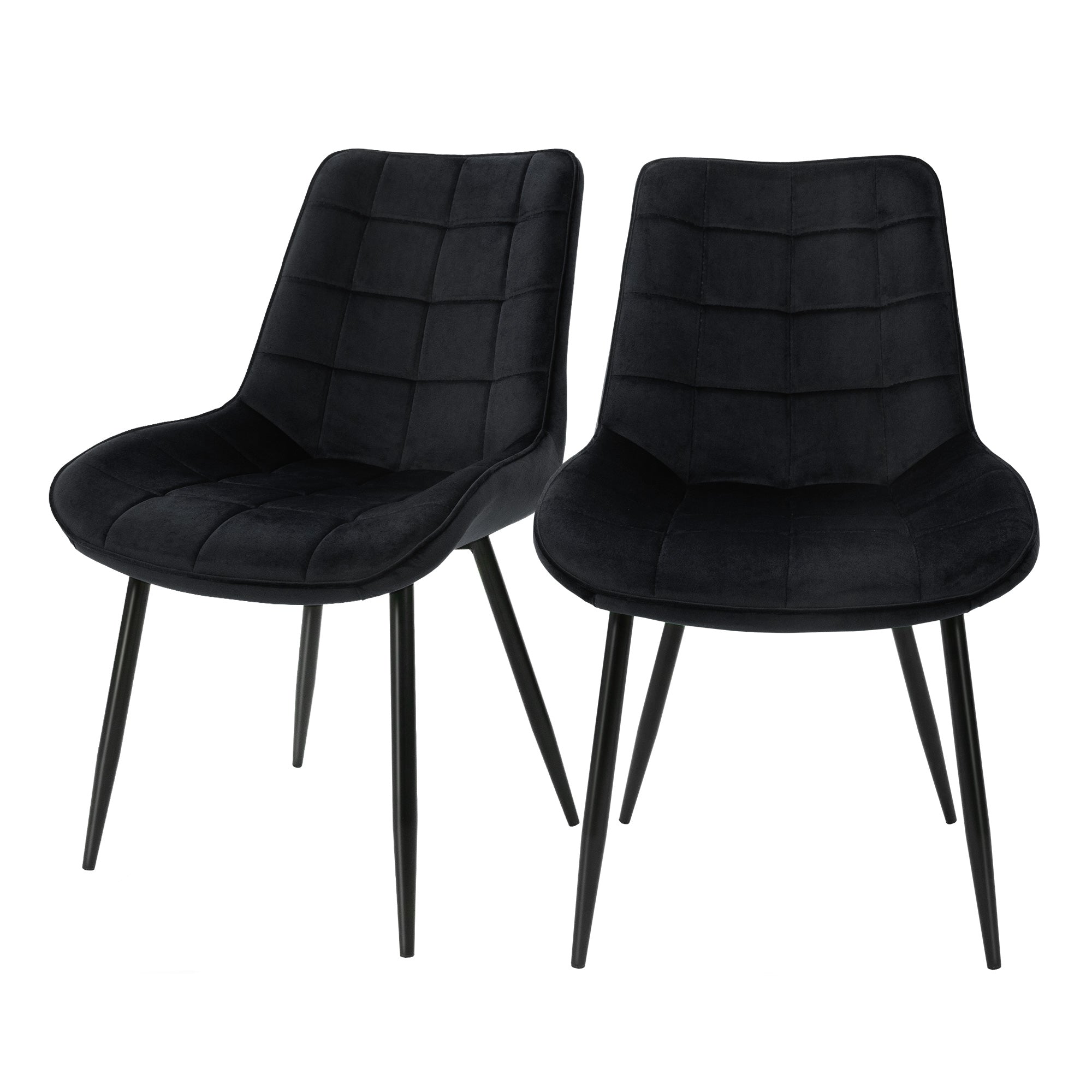Zwei schwarze Stühle mit gepolsterten Sitzen und schwarzen Beinen.