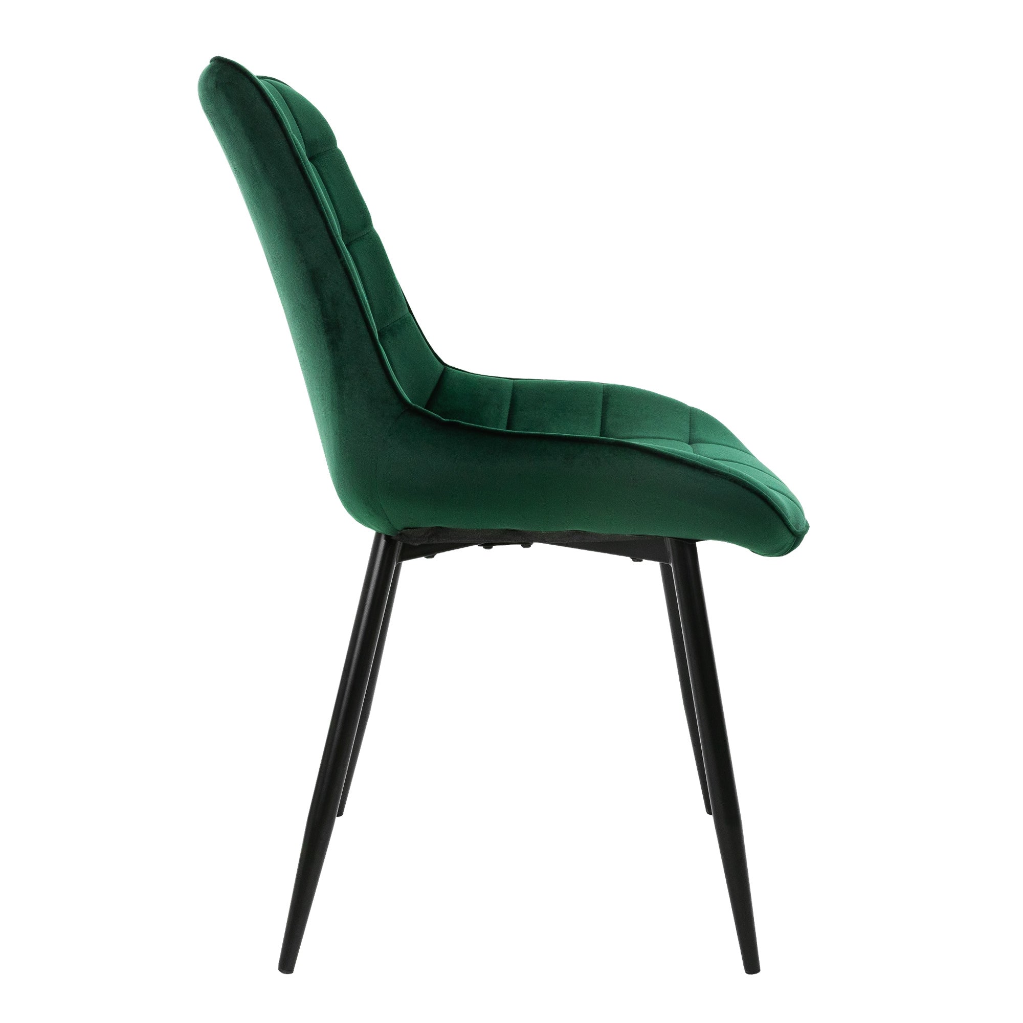 Ein grüner Stuhl mit schwarzem Gestell von der Seite.