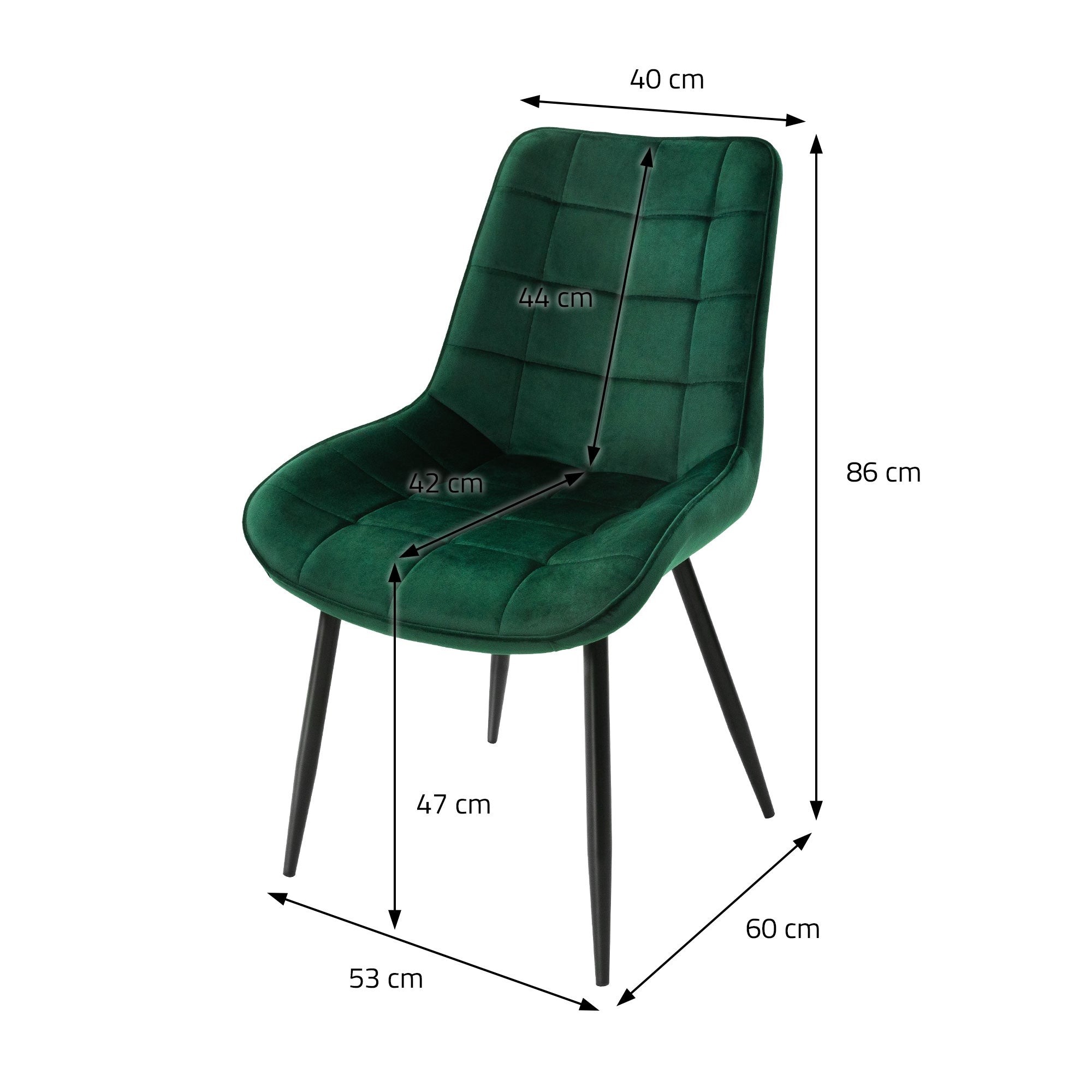 Disegno di una sedia verde con misure per altezza, larghezza e profondità.