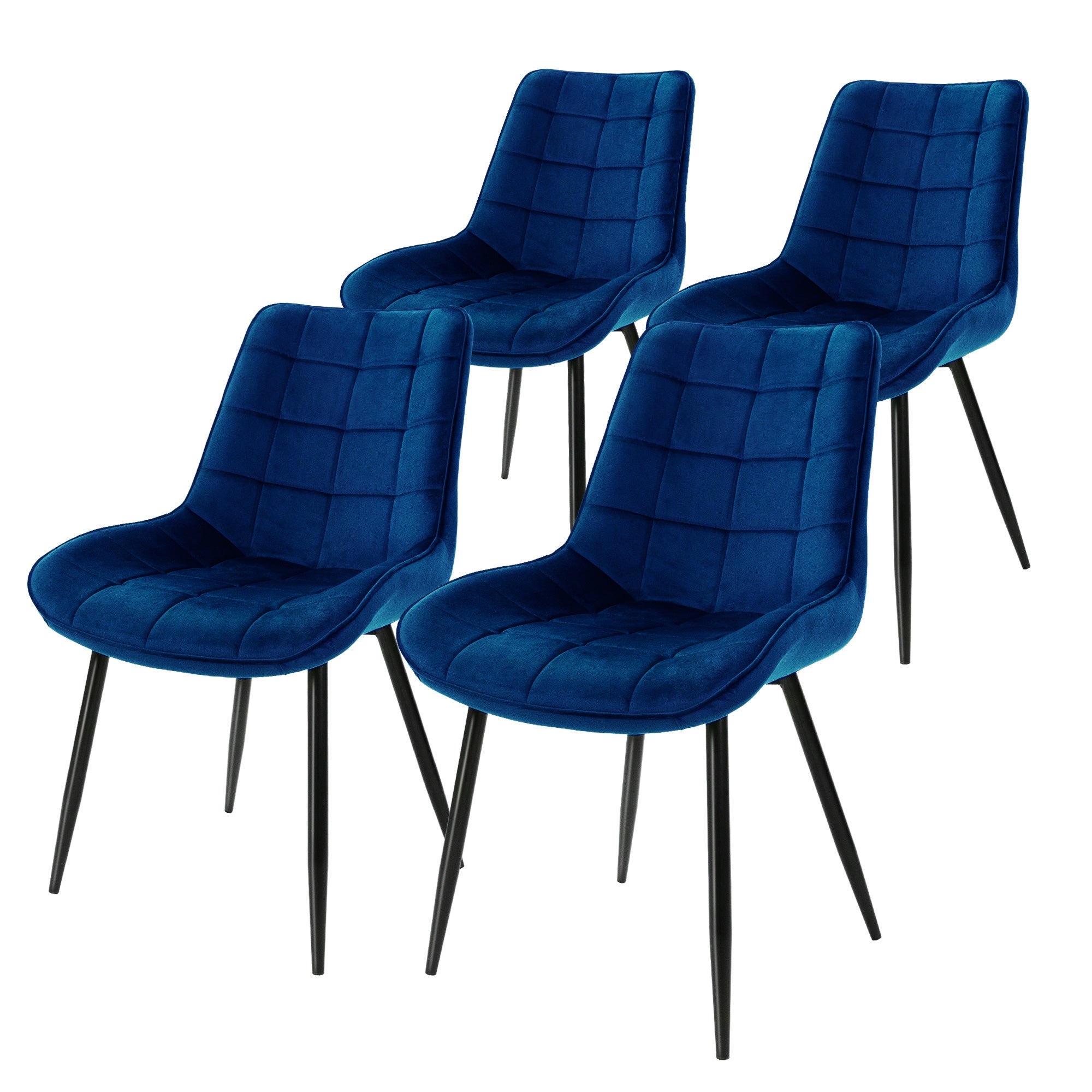 Vier blaue Stühle mit gepolstertem Sitz und Rückenlehne.