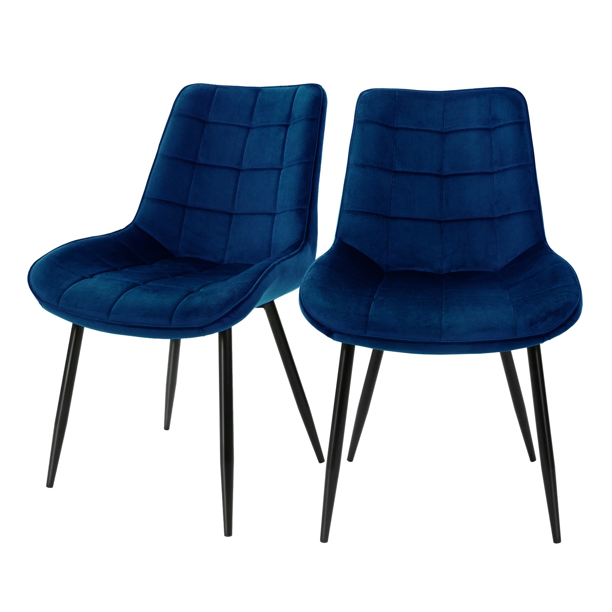 Zwei blaue Stühle mit schwarzem Gestell auf einem hellen Hintergrund.