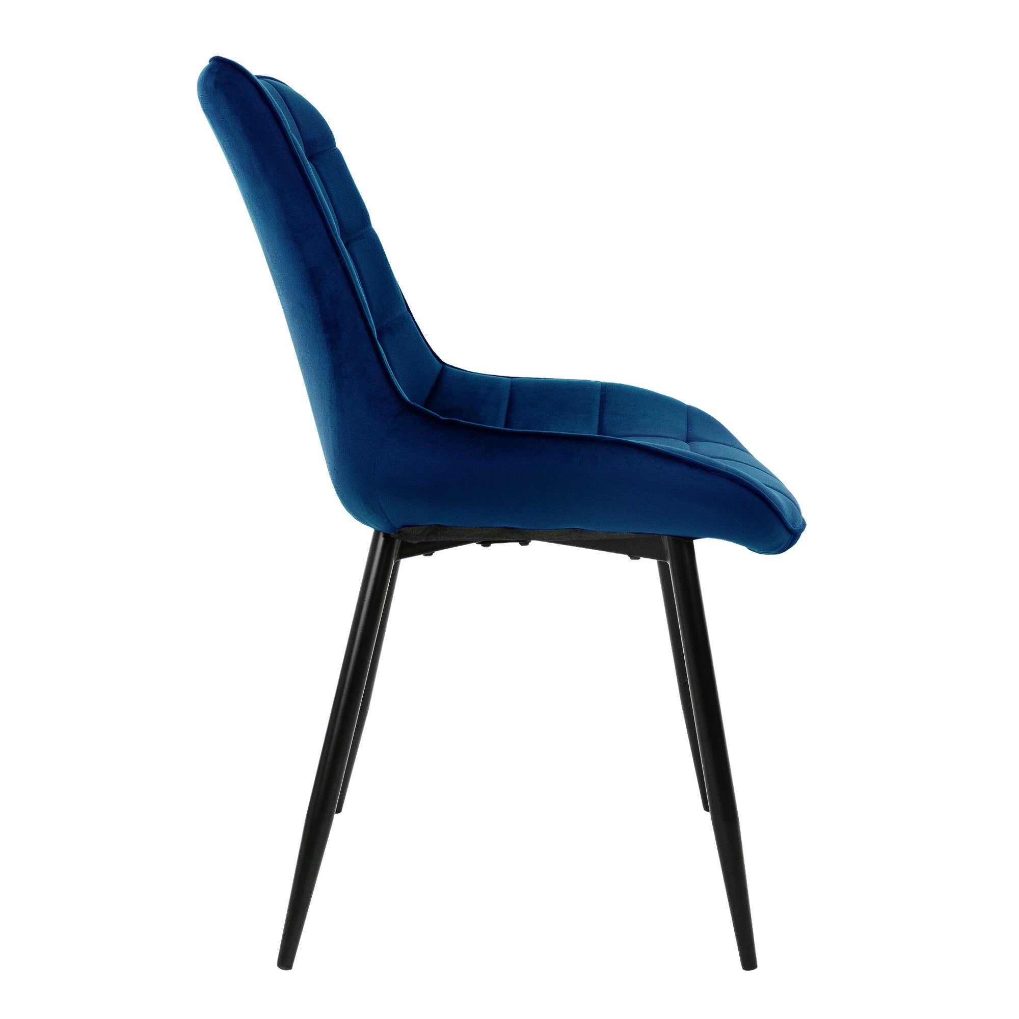 Side view of a blue chair with a padded backrest.
