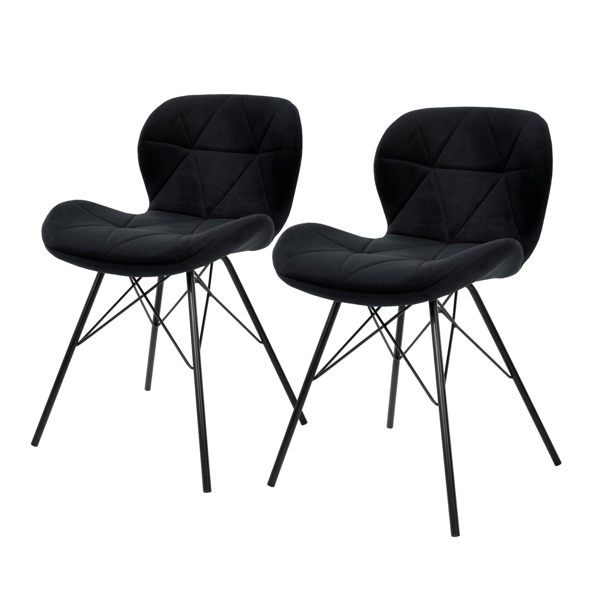 Zwei schwarze Stühle mit gepolsterten Sitzen und schwarzen Metallbeinen.
