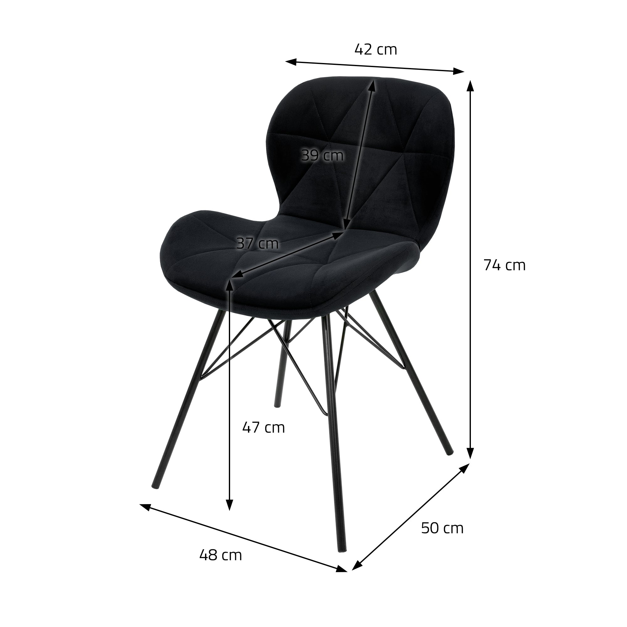 Schwarzer Stuhl mit Maßen: Höhe 74 cm, Breite 50 cm, Tiefe 48 cm.