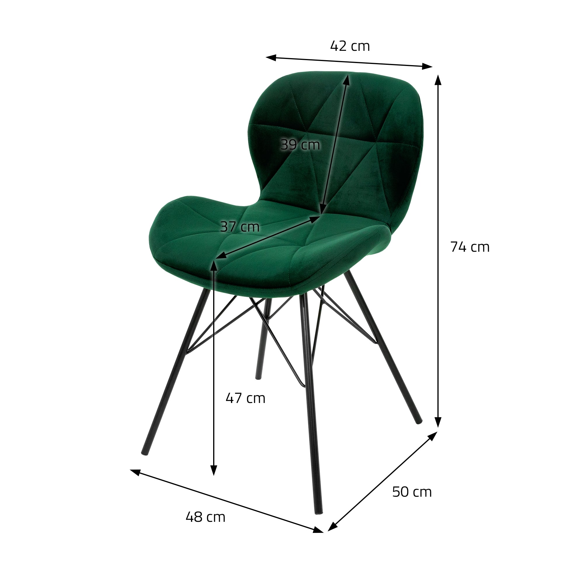 Grüner Stuhl mit Maßen: Höhe 74 cm, Breite 50 cm, Tiefe 48 cm.
