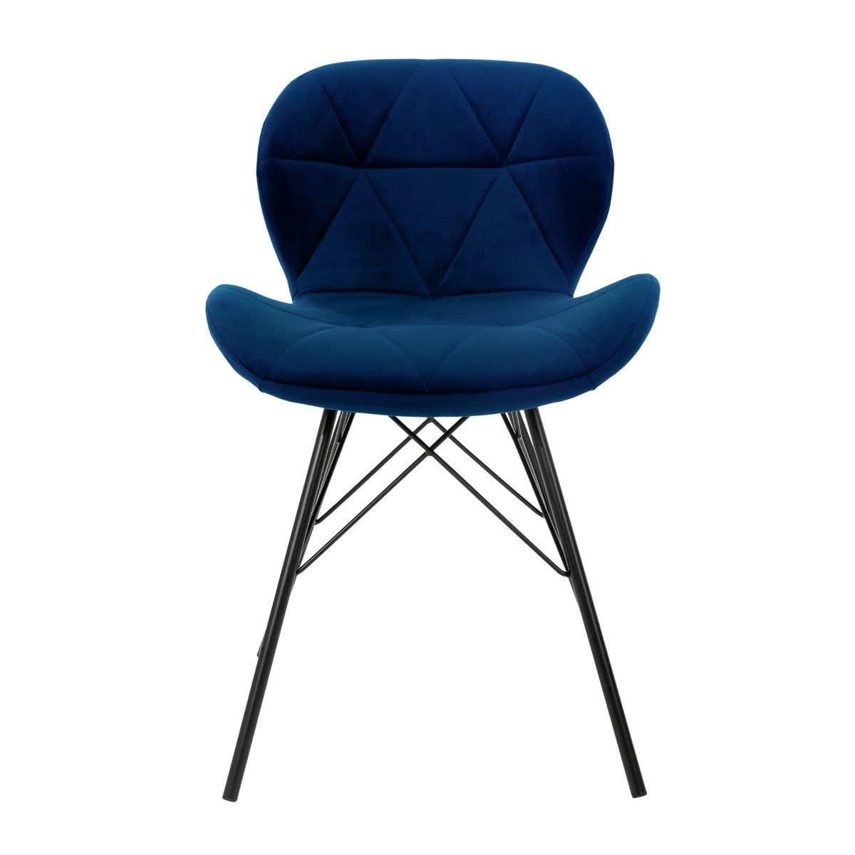 Blauer Stuhl mit gepolsterter Sitzfläche und schwarzem Gestell.