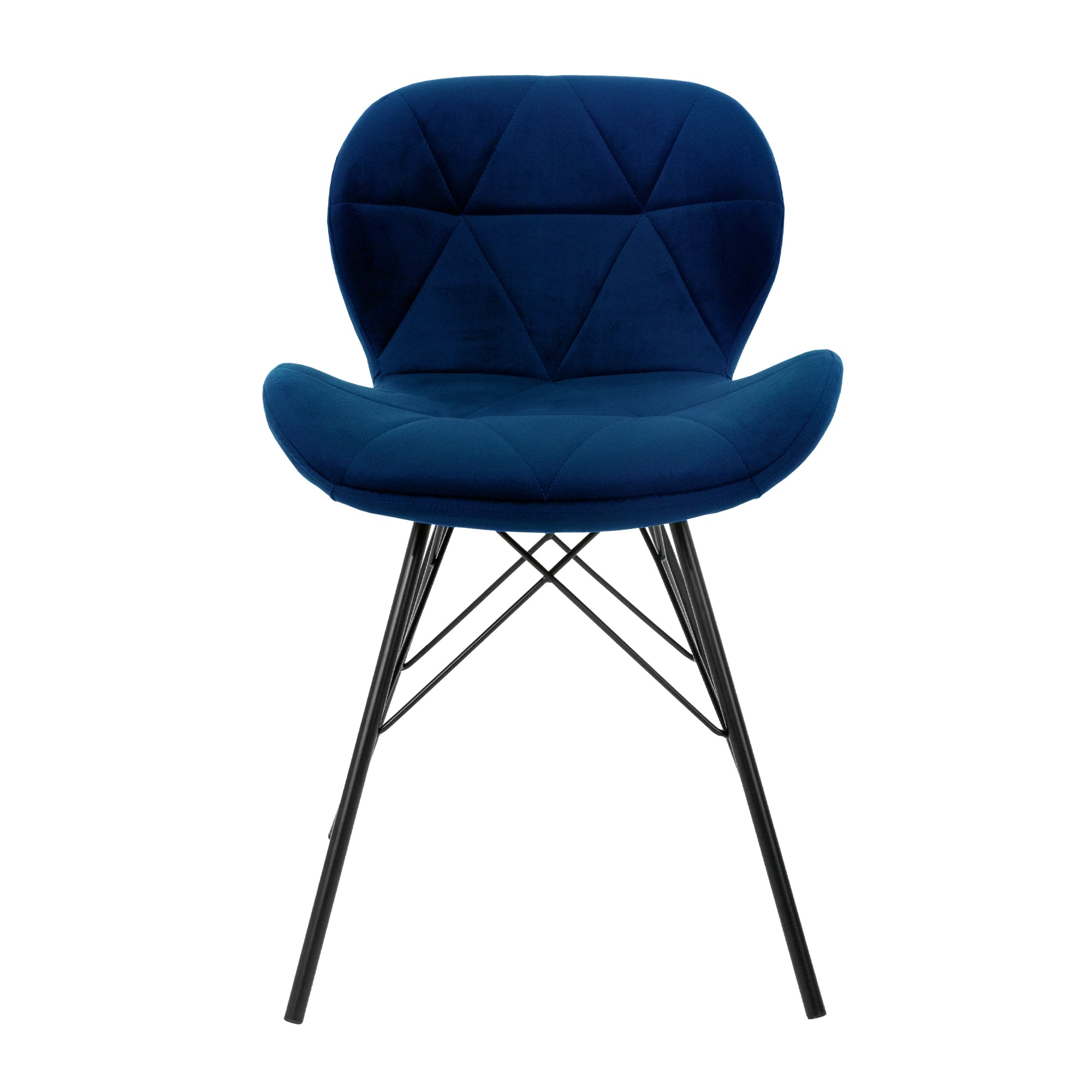 Sedia blu con seduta imbottita e struttura nera.