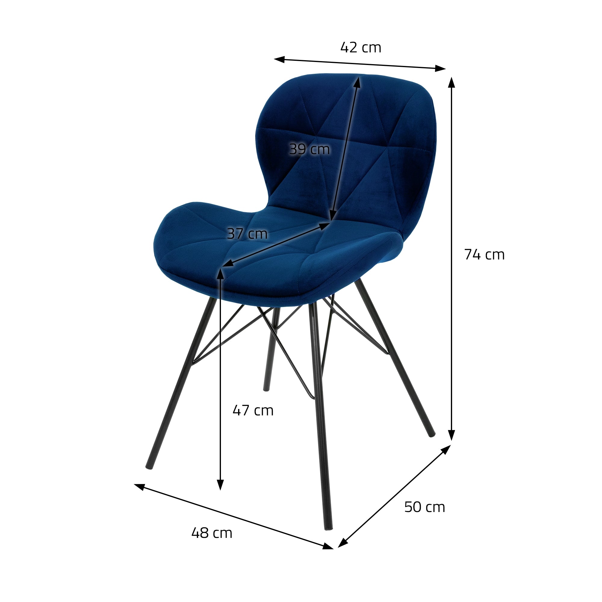 Disegno delle misure di una sedia blu con dimensioni in centimetri.