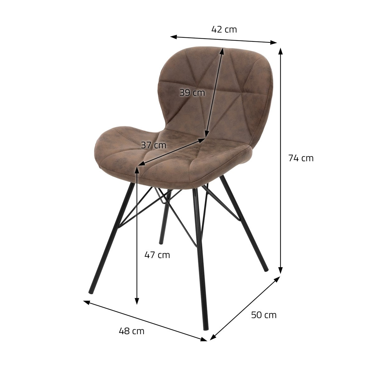 An upholstered chair with dimensions and a black frame.