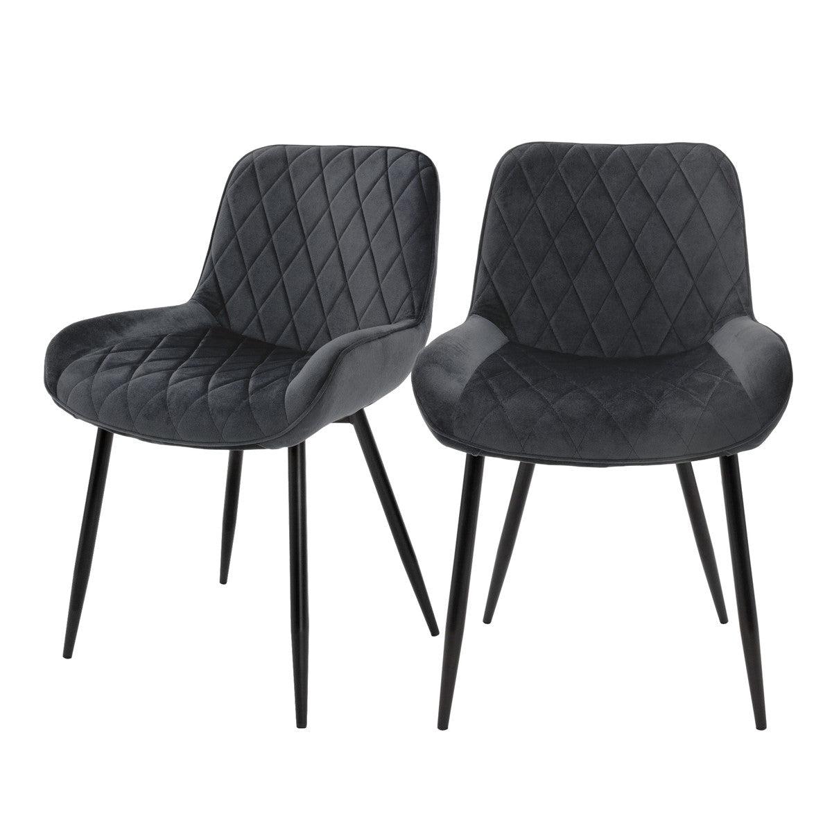 Two padded chairs with black frames and a diamond pattern on the seat.