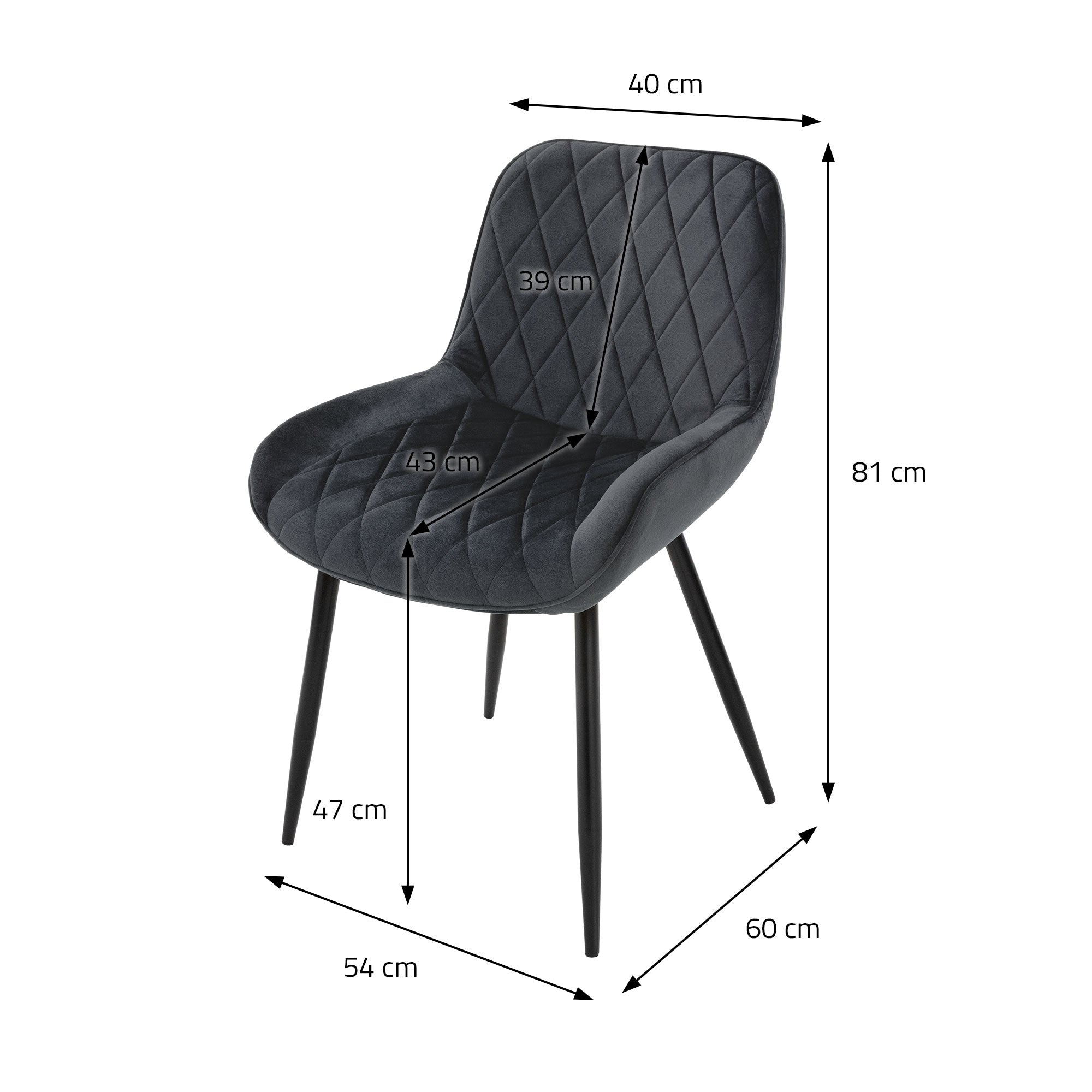 Tummanharmaa tuoli, jonka mitat: korkeus 81 cm, leveys 54 cm, syvyys 40 cm.