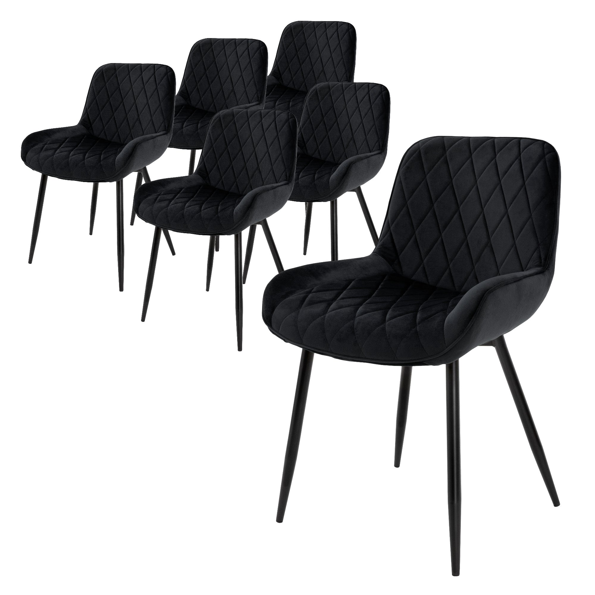 Sechs schwarze Stühle mit diamantförmiger Polsterung auf schwarzen Beinen.