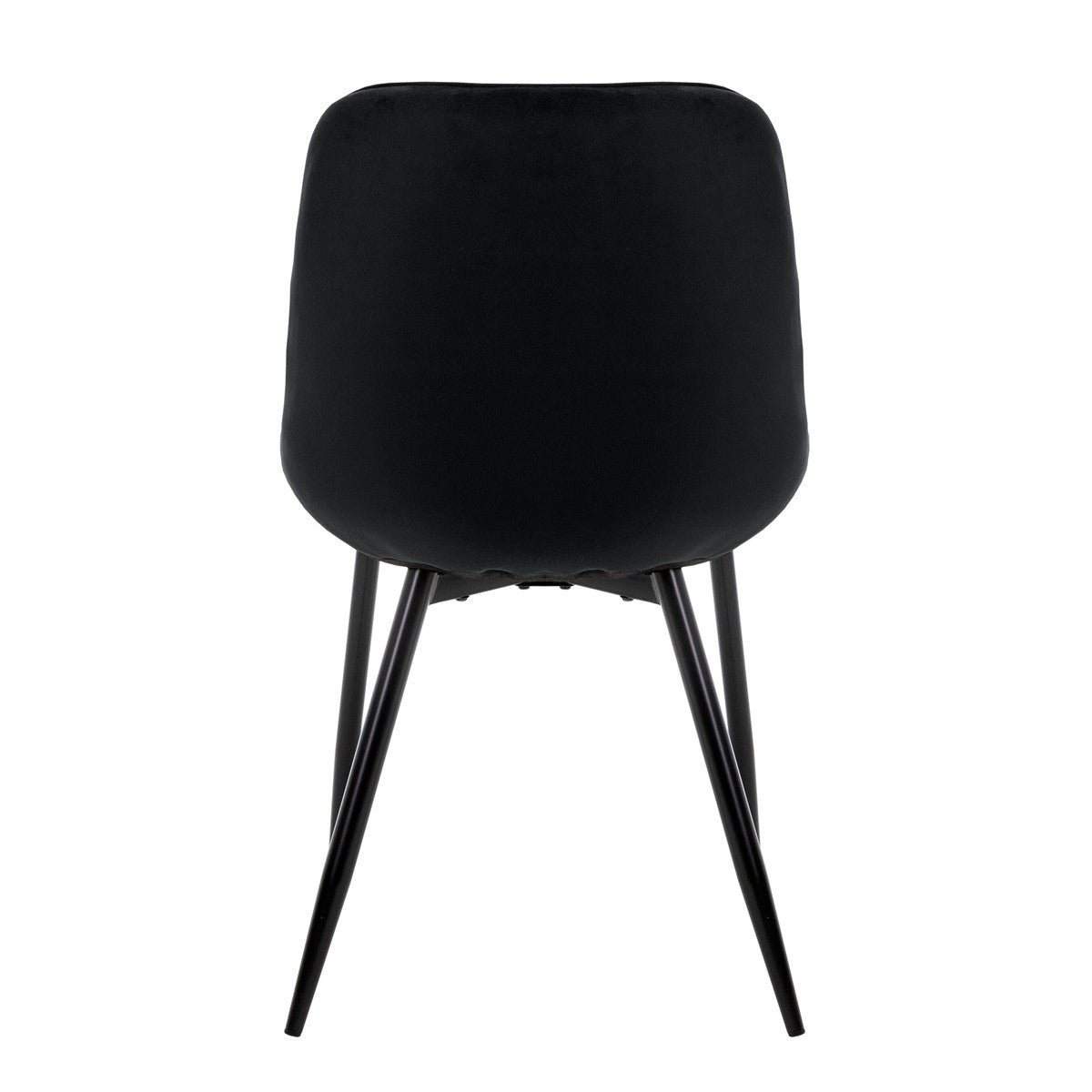 Rear view of a black chair with black legs.