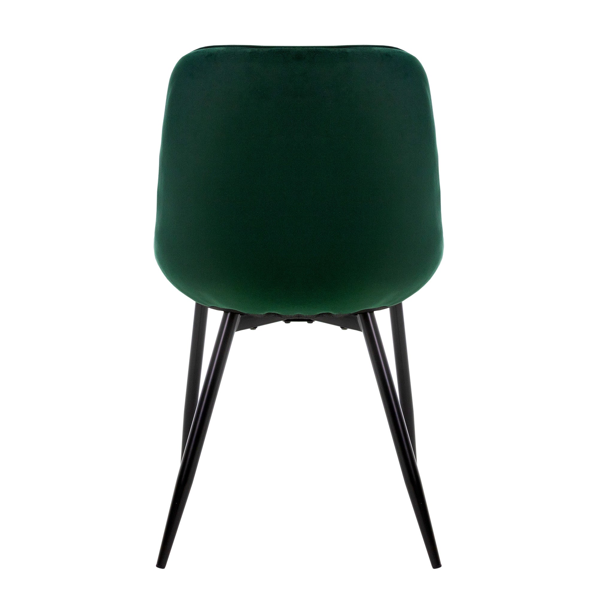 Vista trasera de una silla verde con patas negras.