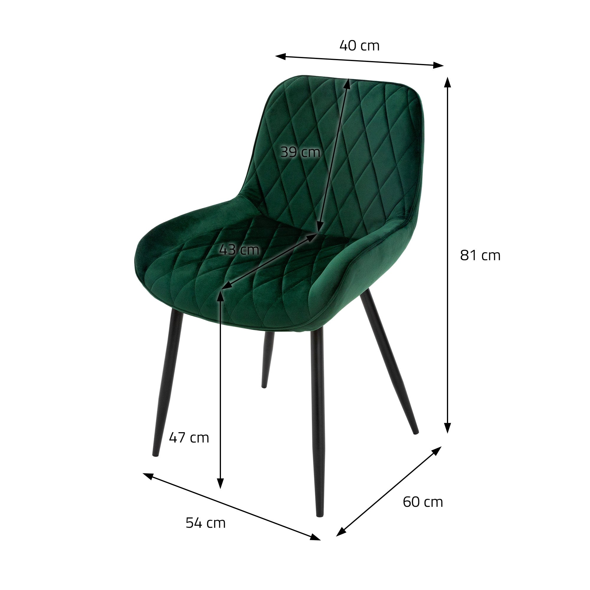Grøn stol med mål: Højde 81 cm, Bredde 54 cm, Dybde 40 cm.